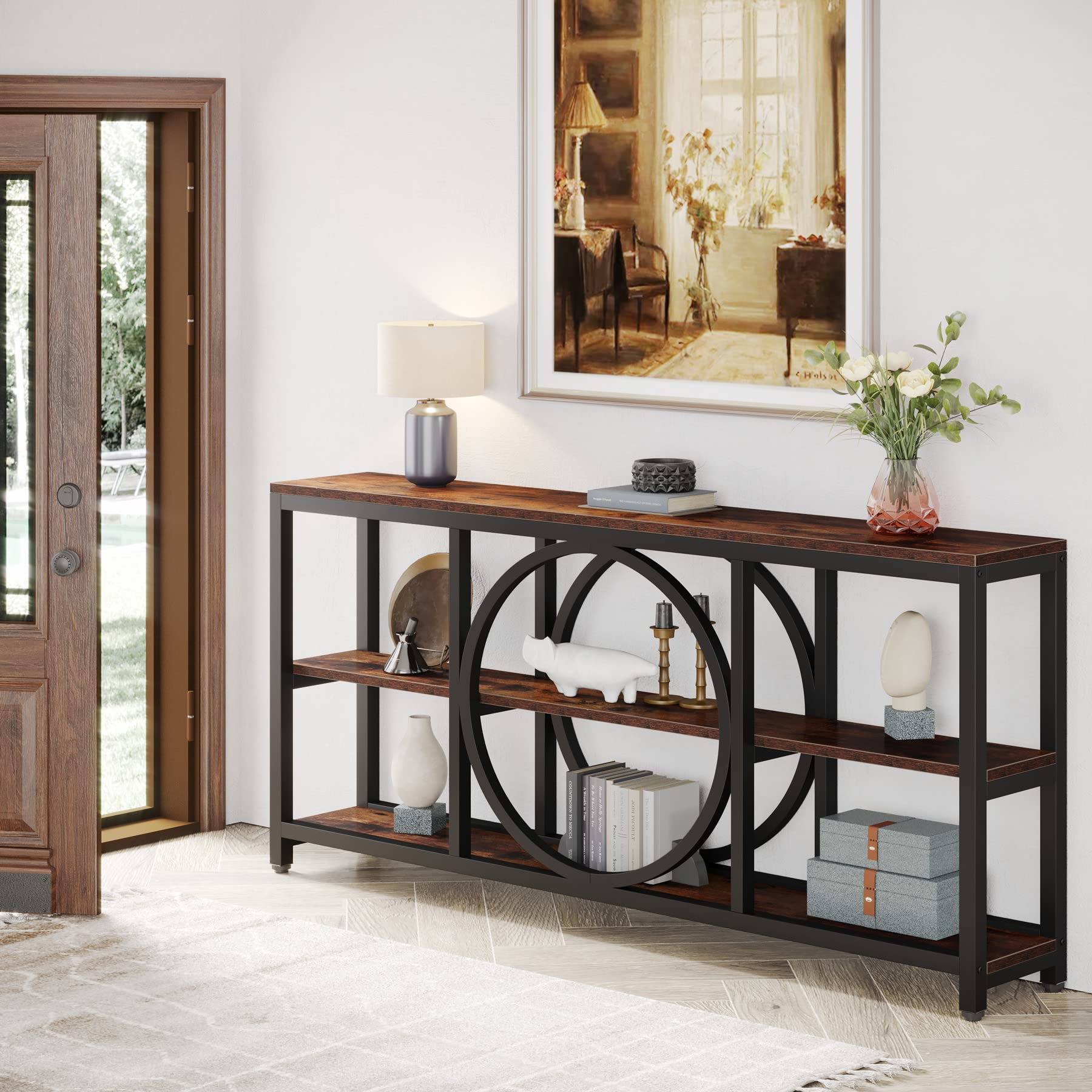 Tribesigns Extra Long Console Table, 70.9 Inch Narrow Sofa Tables With 3 Tier Wood Storage Shelves Industrial Metal Frame For Entryway Hallway Living Room Behind Couch, Rustic Brown Black