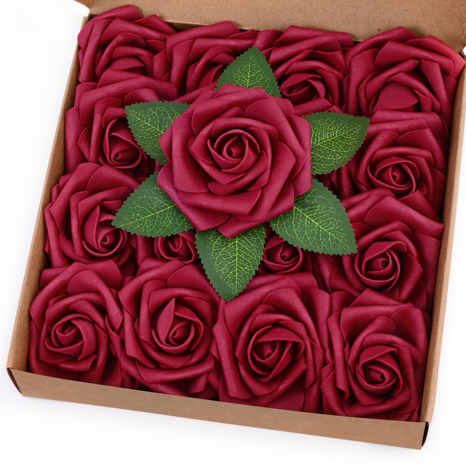 BLEUM CADE 16Pcs Artificial Flowers Fake Roses with Stems, Burgundy Boxed Foam Roses for DIY Bouquets Centerpieces Wedding Party