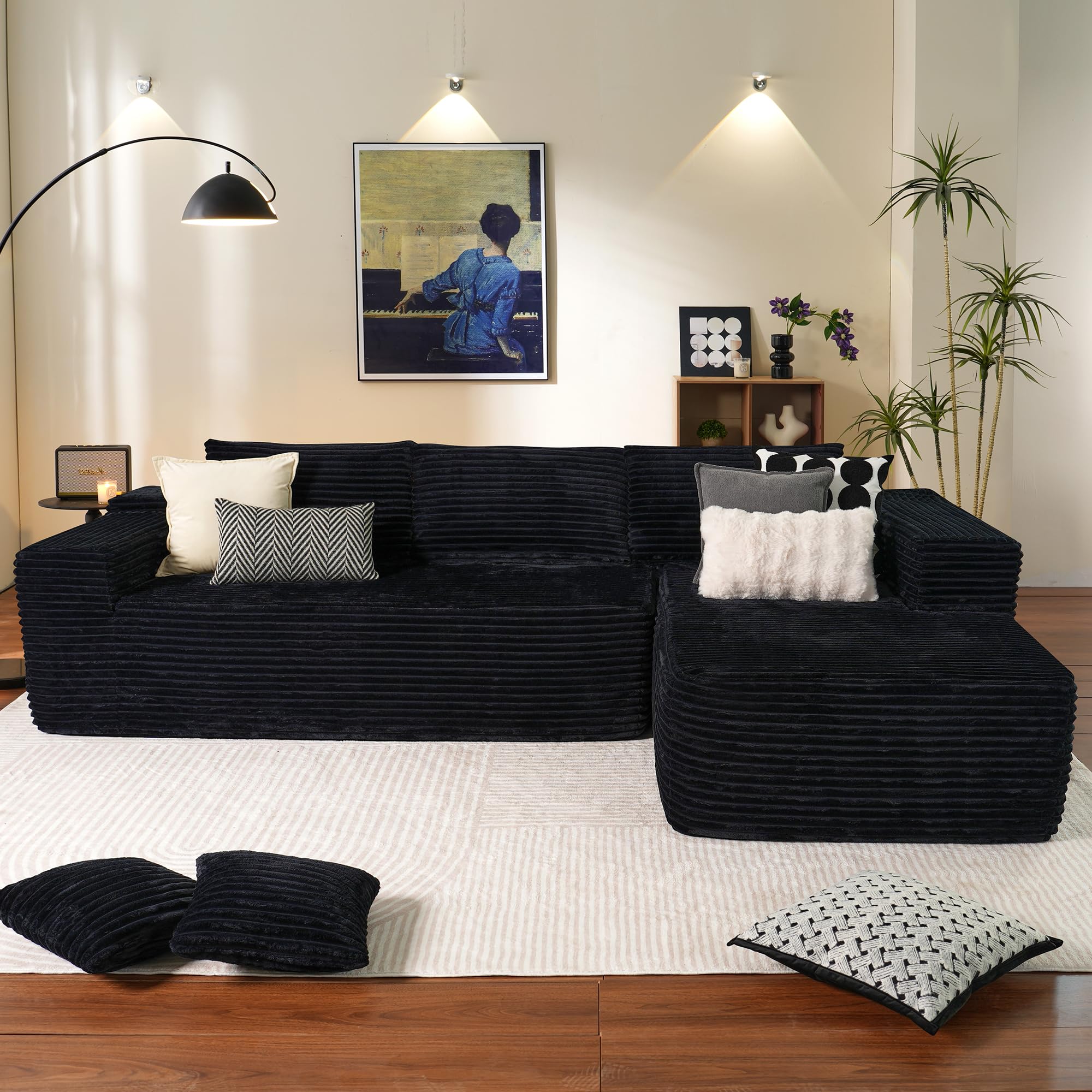 Ovios 104' Cloud Sectional Couch With L-Shape Chaise,Modern Modular Sofa With Deep Seat, Upholstered Couches For Living Room Bedroom,No Assembly Required, Black (Plush Corduroy Fabric)
