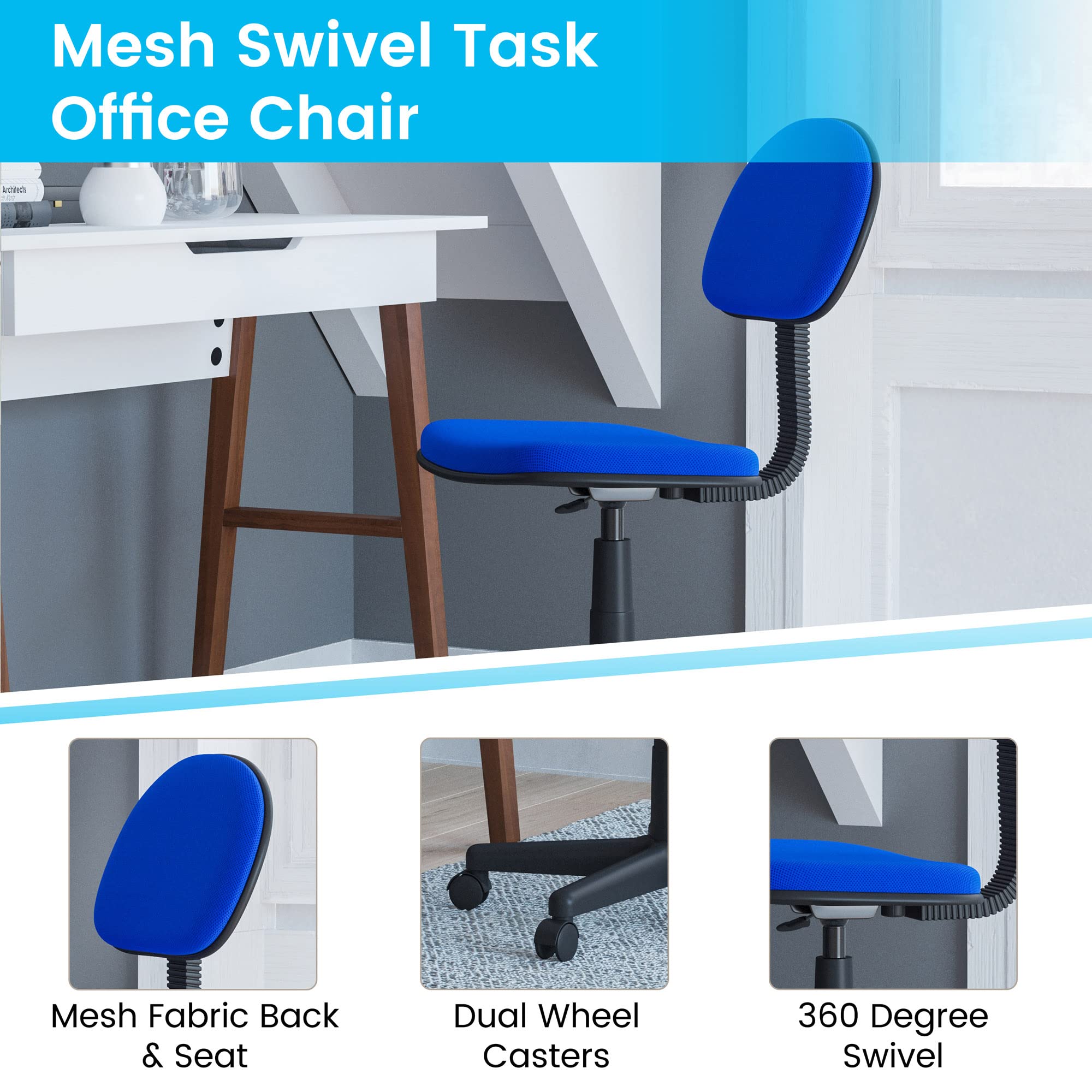 Flash Furniture Harry Low Back Swivel Task Office Chair - Adjustable Royal Blue Student Chair with Padded Mesh Seat & Back - Homeschool Study Chair