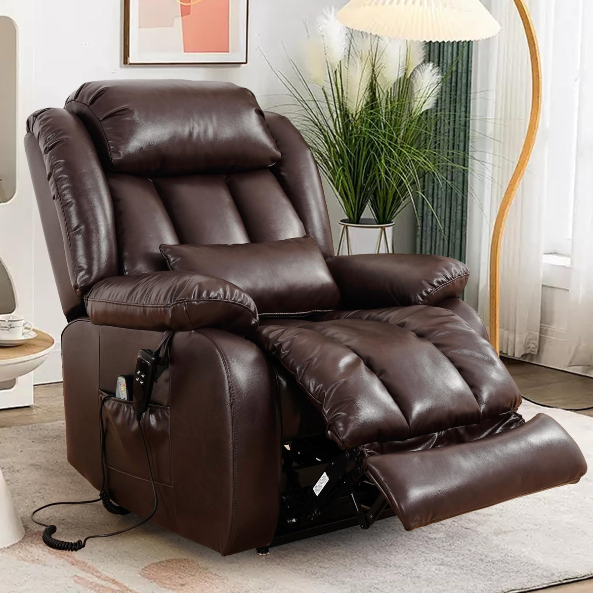 Edilly Large Genuine Leather Power Lift Recliner Chairs For Elderly, Dual Motor With Massage And Heating,Double Lumbar Cushion A