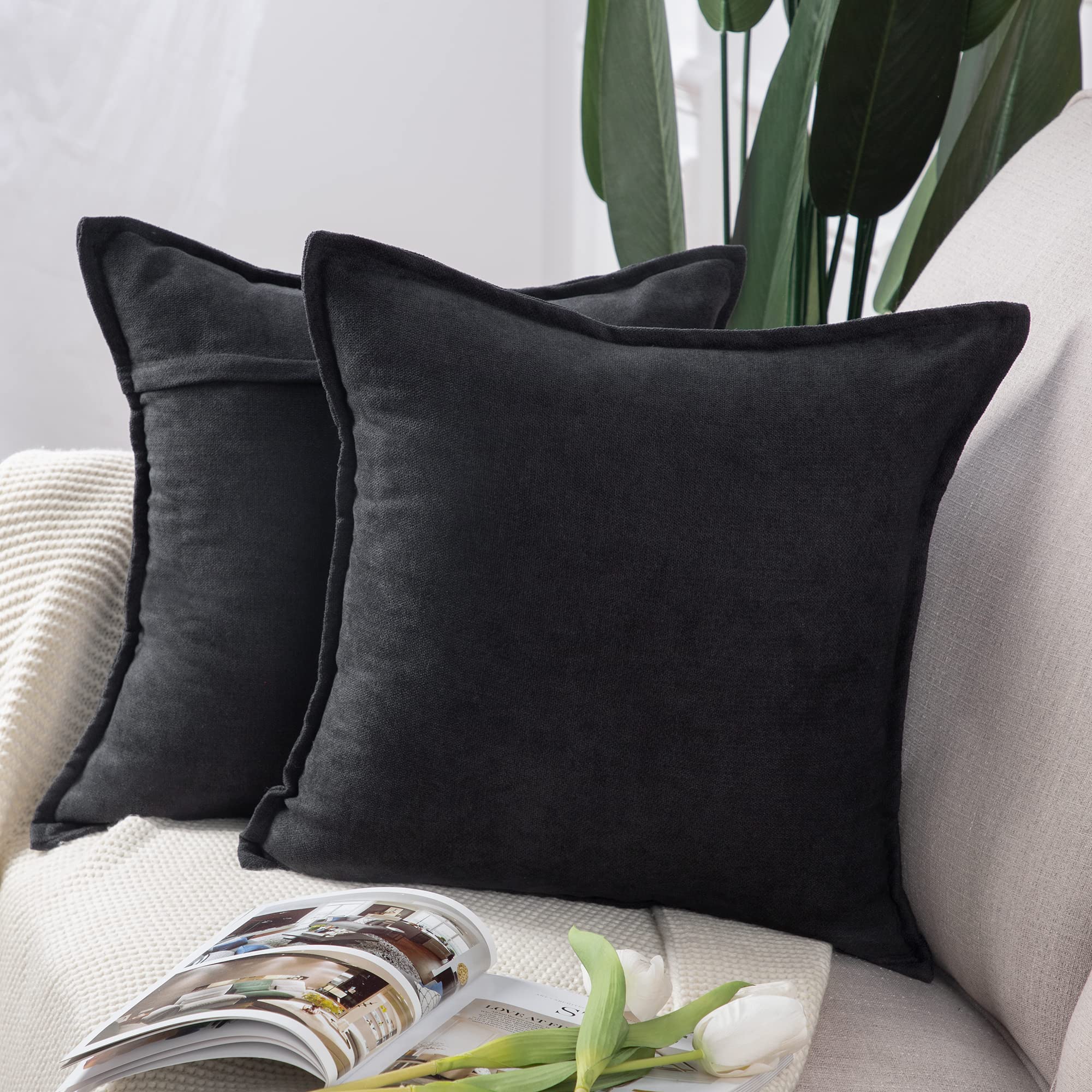 Madizz Set Of 2 Short Chenille Throw Pillow Covers 16X16 Inch Black Soft Decorative Cushion Cover For Sofa Bedroom Pillow Shell