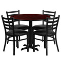 Flash Furniture Carlton 36'' Round Mahogany Laminate Table Set with X-Base and 4 Ladder Back Metal Chairs - Black Vinyl Seat