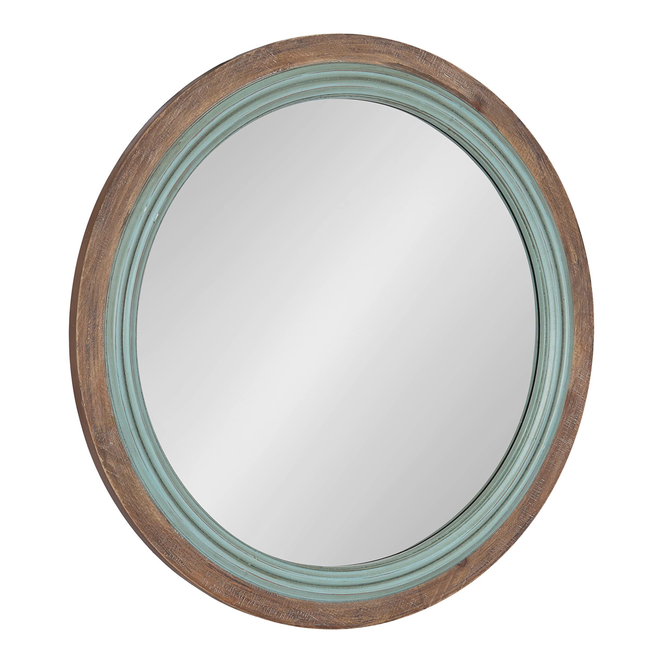 Kate and Laurel Palmer Rustic Farmhouse Round Wooden Mirror, 26 Inch Diameter, Blue and Rustic Brown, Modern Circle Decorative W