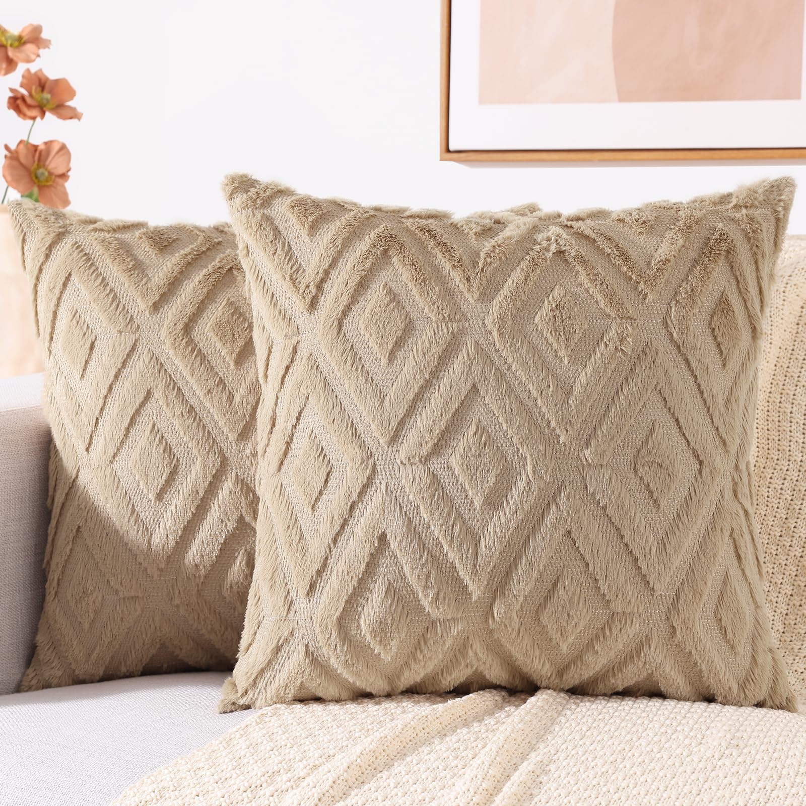 Decoruhome Couch Throw Pillow Covers 24X24 Set Of 2, Decorative Soft Plush Faux Wool Pillow Covers For Bed Sofa Living Room, Lig