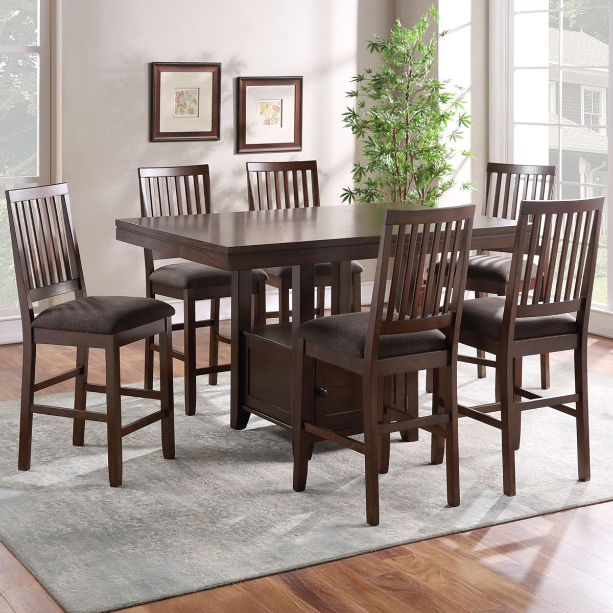Steve Silver Furniture Yorktown 7-Piece Counter Table Set, 60&quot; Table W/ 6 Upholstered Counter Chairs, Seats Up To 8, Dining Room, Hidden Base Storage, 60&quot; L X 42&quot; W X 36&quot; H, Espresso Brown
