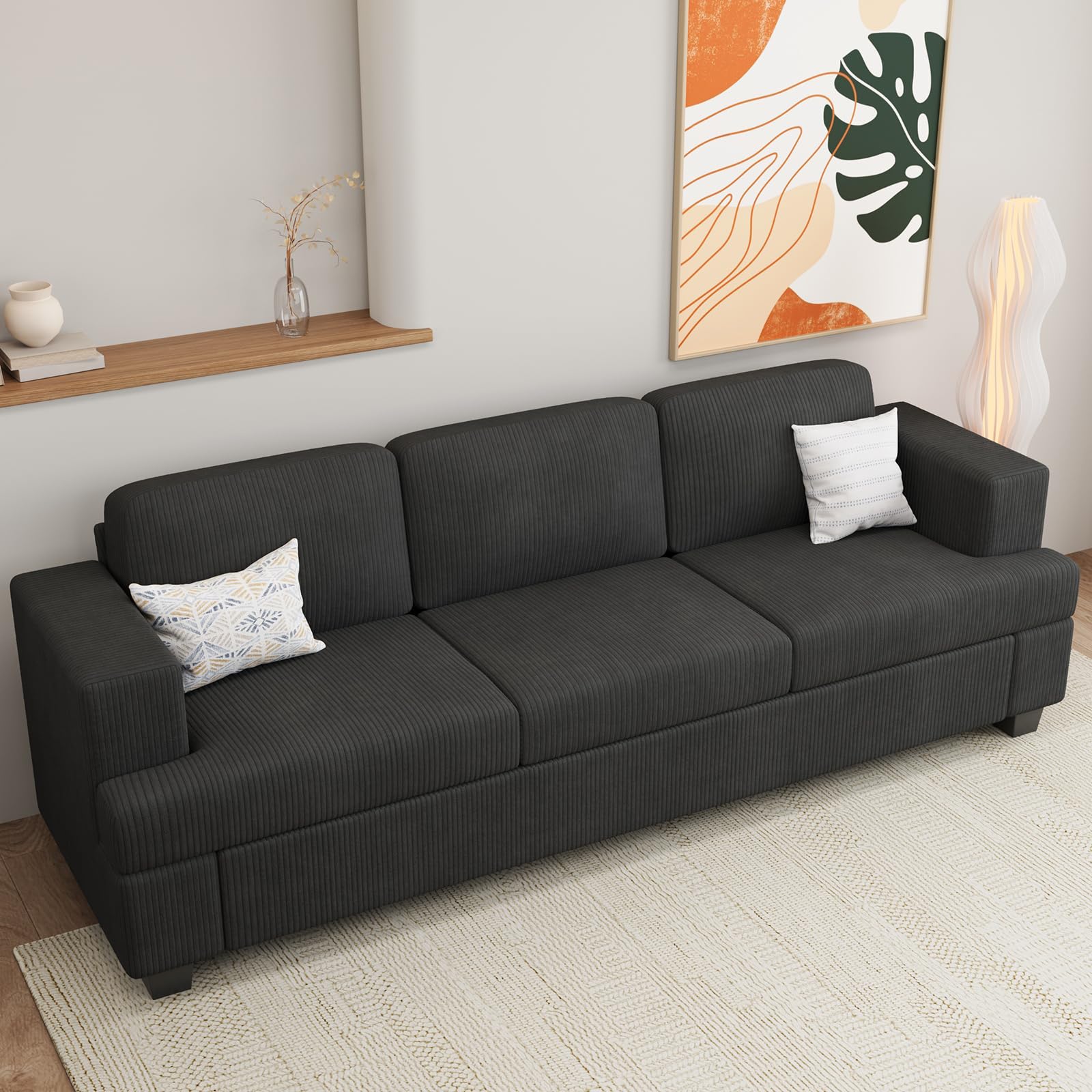 Cloud Black Corduroy 3-Seater Couch For Living Room & Bedroom, 89' Deep Seat Futon Modern Sofa Sectional Bed
