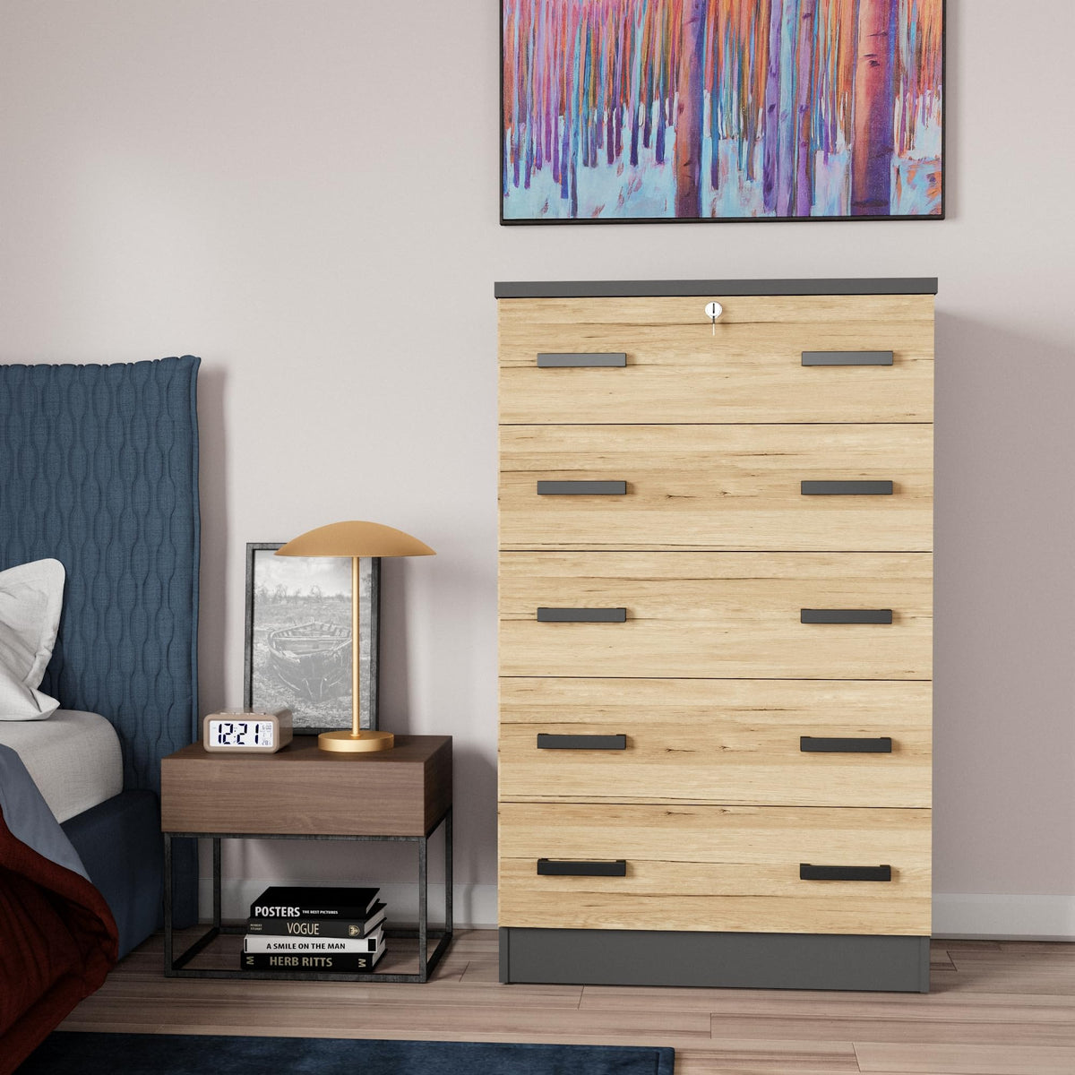 Better Home Products 5 Drawer Chest-Dresser With Lock (Dark Grey & Natural Oak), Wc5Chest