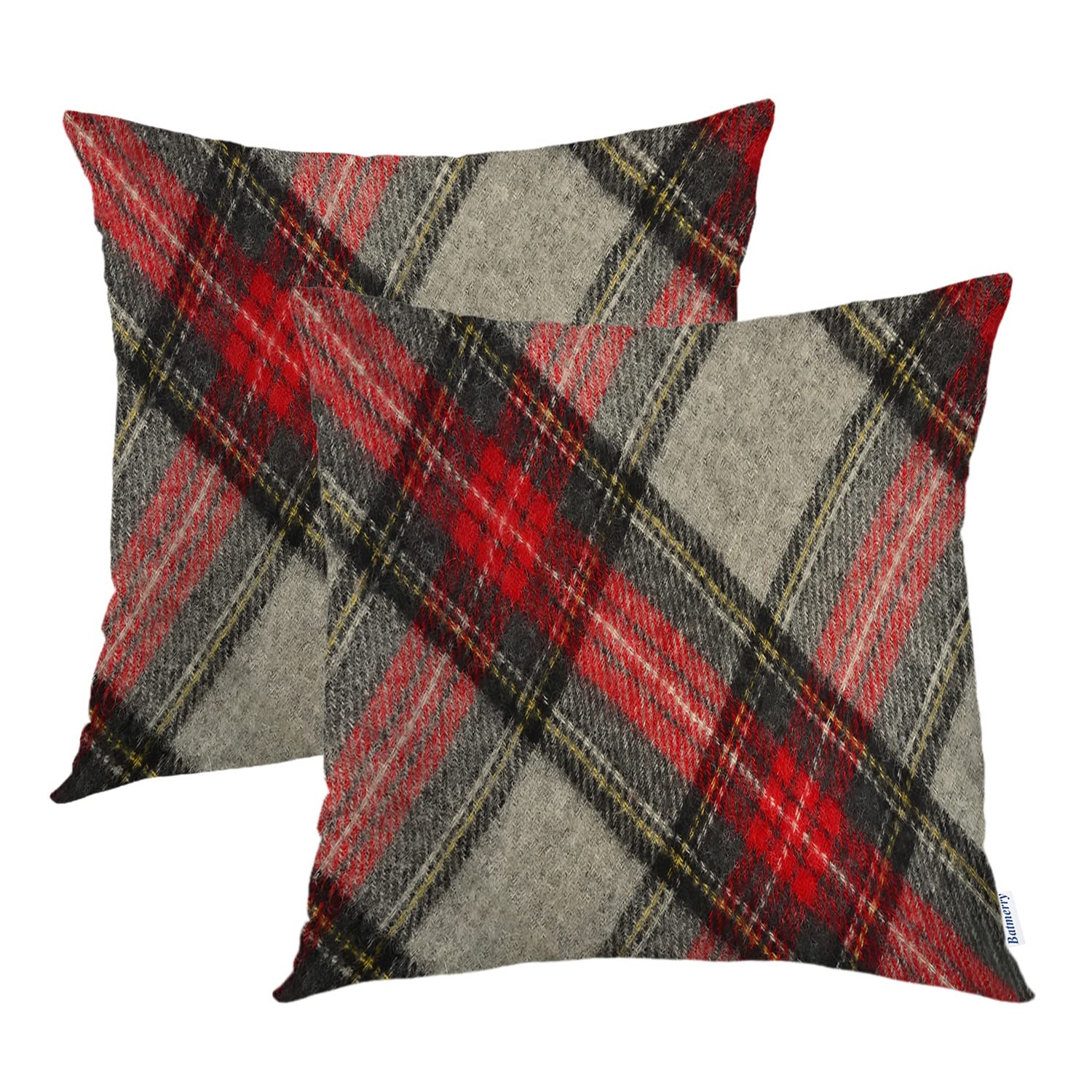 Batmerry Red Grey Plaid Decorative Pillow Covers, 20 X 20 Inch Red Black Gray Modern Plaid Double Sided Throw Pillow Covers Sofa