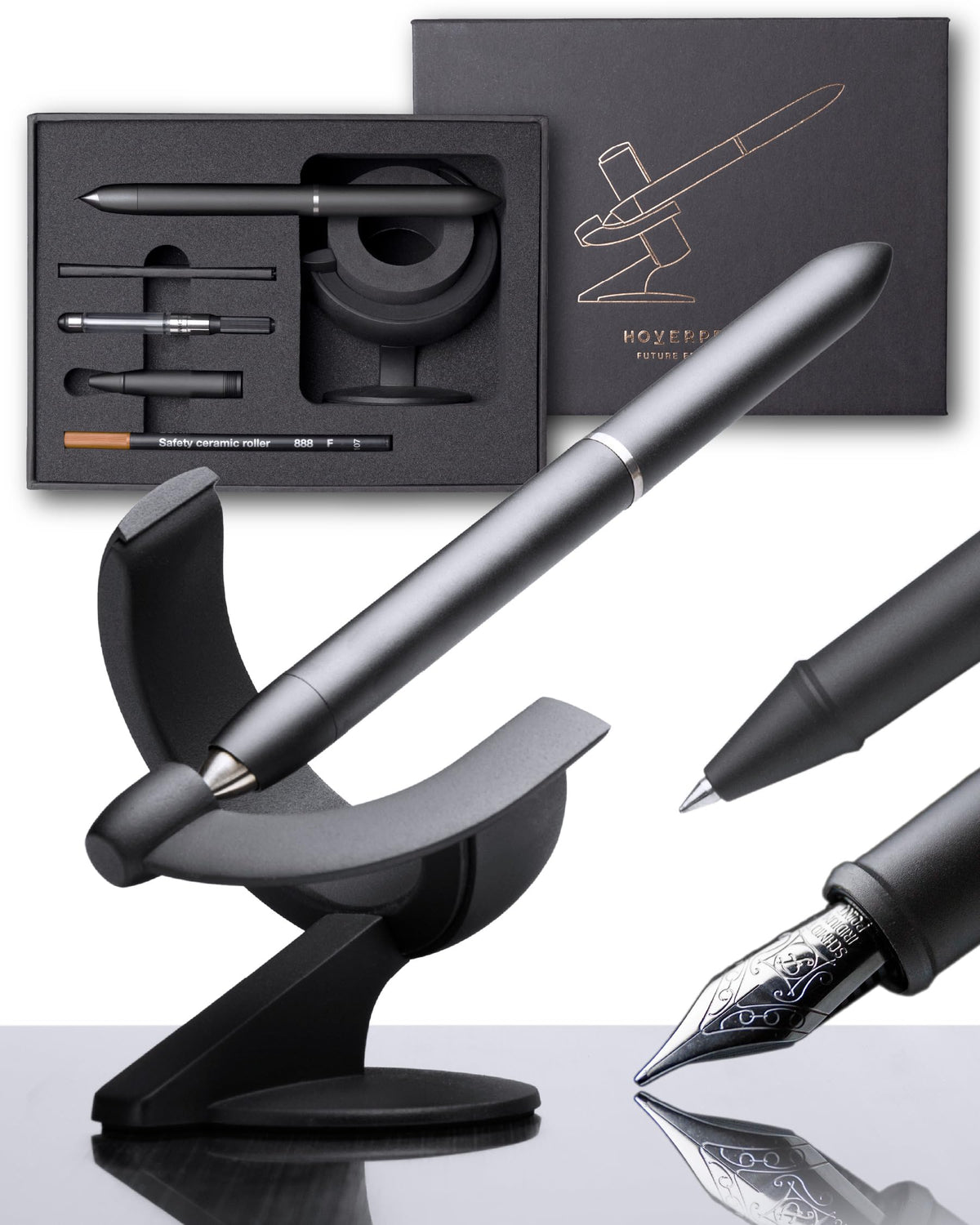 Novium Hoverpen Future Edition - Fountain Pen & Rollerball Pen All-In Gift Box, Fine Nib, Futuristic Aesthetic, Metal Made Luxur