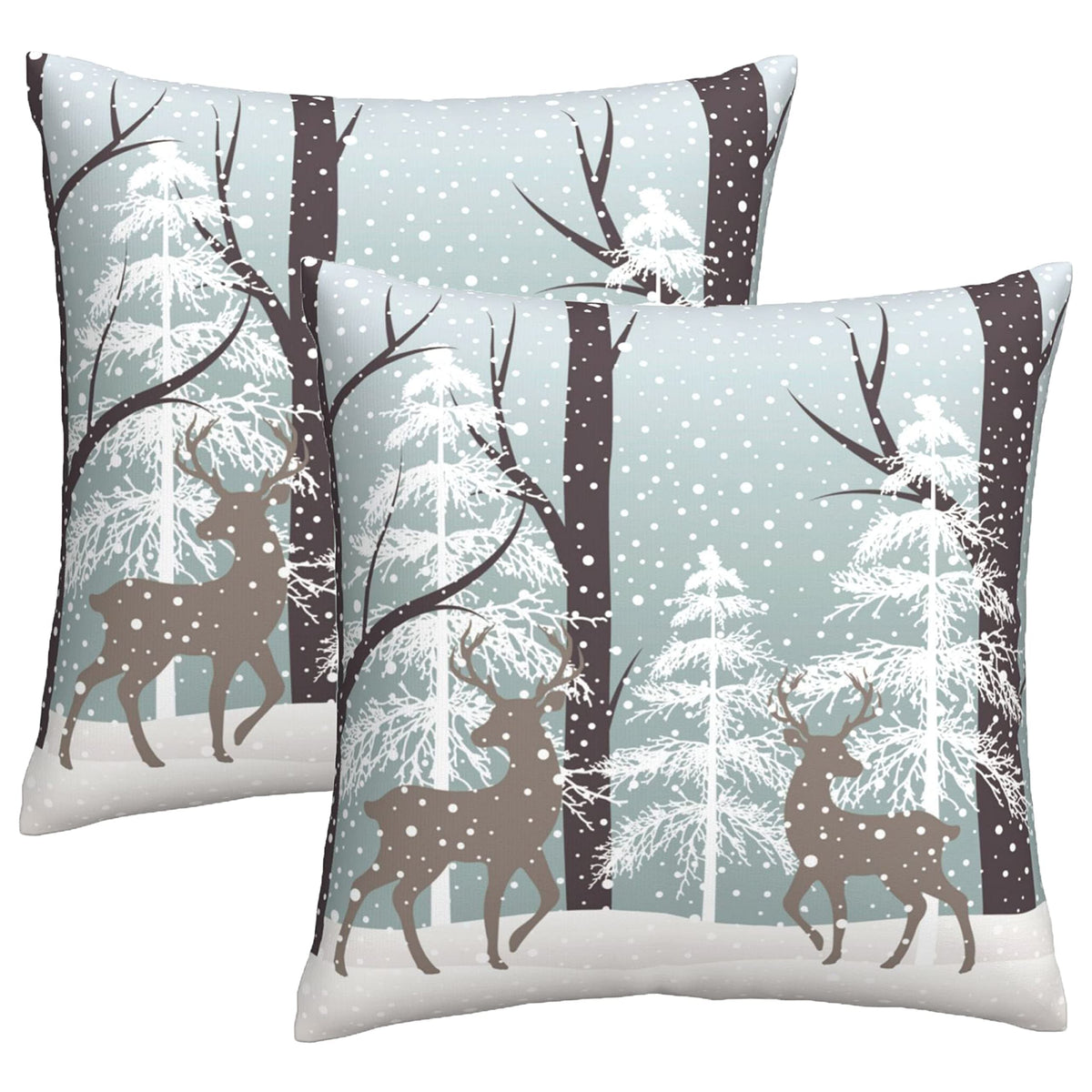Winter Wildlife Deer Pillow Covers 18X18 Inch Christmas Landscape Deers Snow Tree Ivory Gold Throw Pillows Set Of 2 Soft Cotton