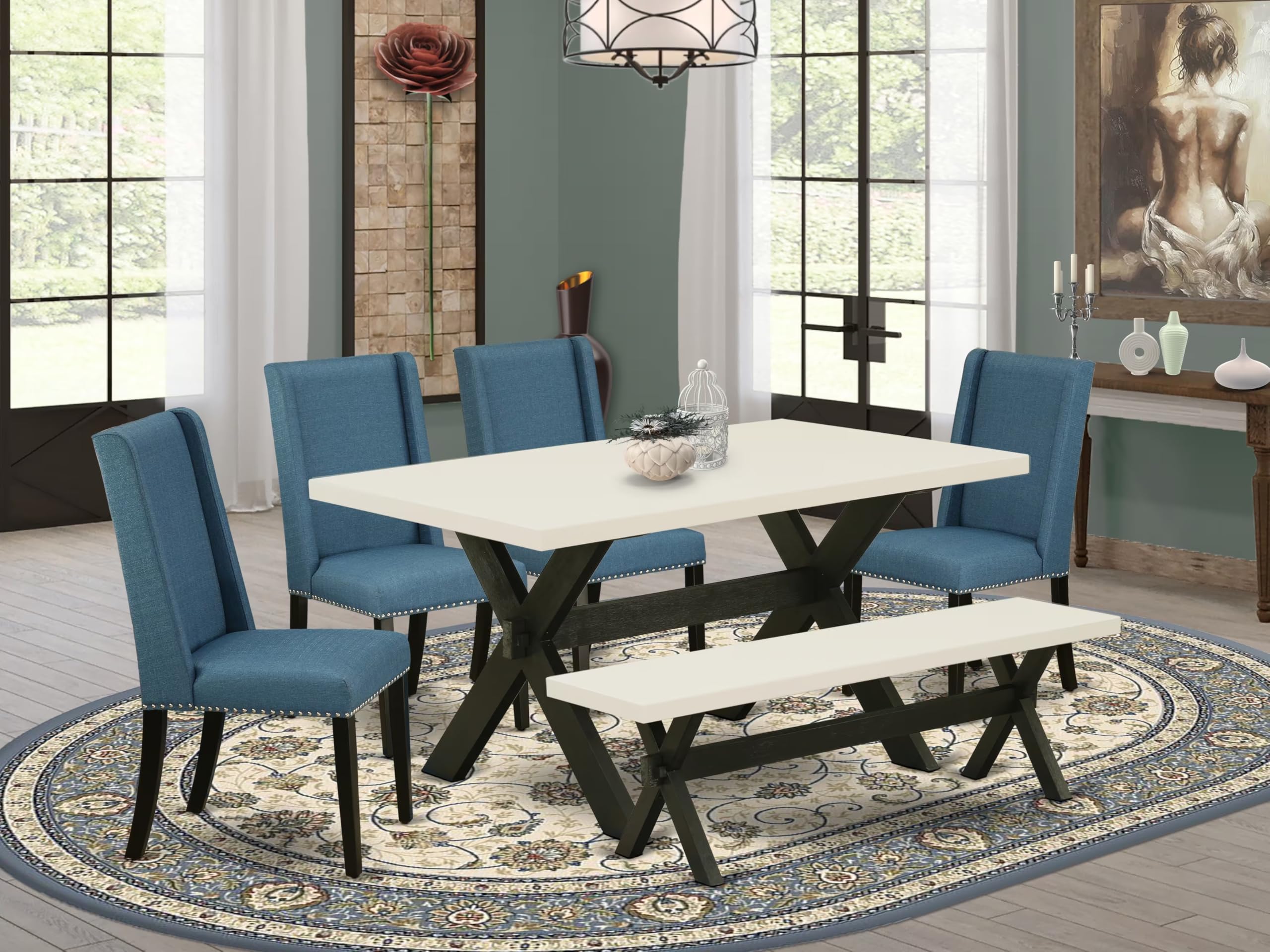 East West Furniture X626Fl121-6 6 Piece Dinette Set Contains A Rectangle Dining Table With X-Legs And 4 Blue Linen Fabric Parson Chairs With A Bench, 36X60 Inch, Multi-Color