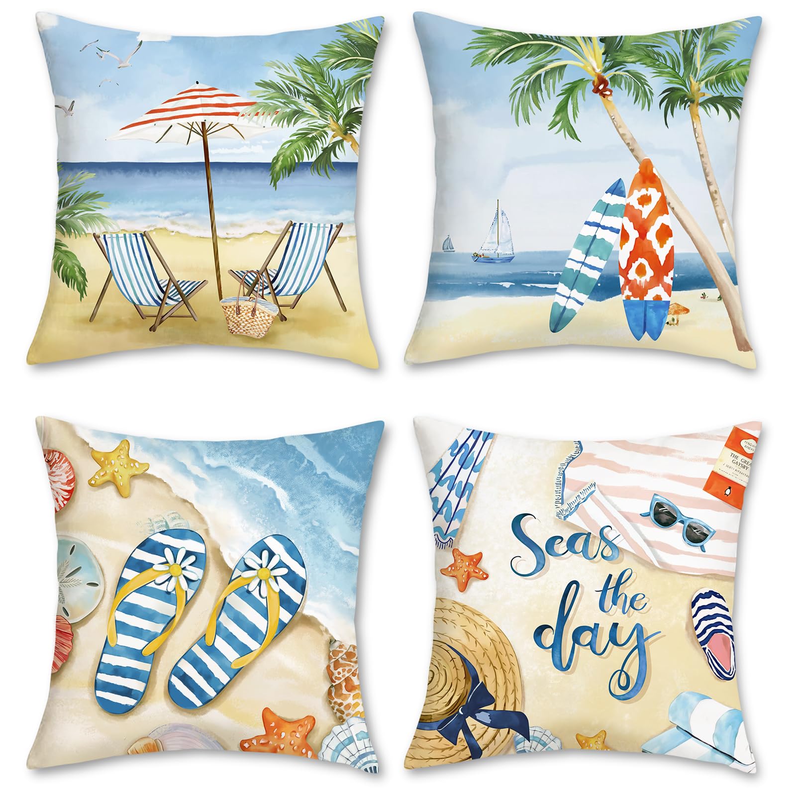 Bonhause Summer Beach Throw Pillow Covers 18X18 Starfish Surfboard Palm Tree Seaside Scenery Decorative Pillows Soft Velvet Cush