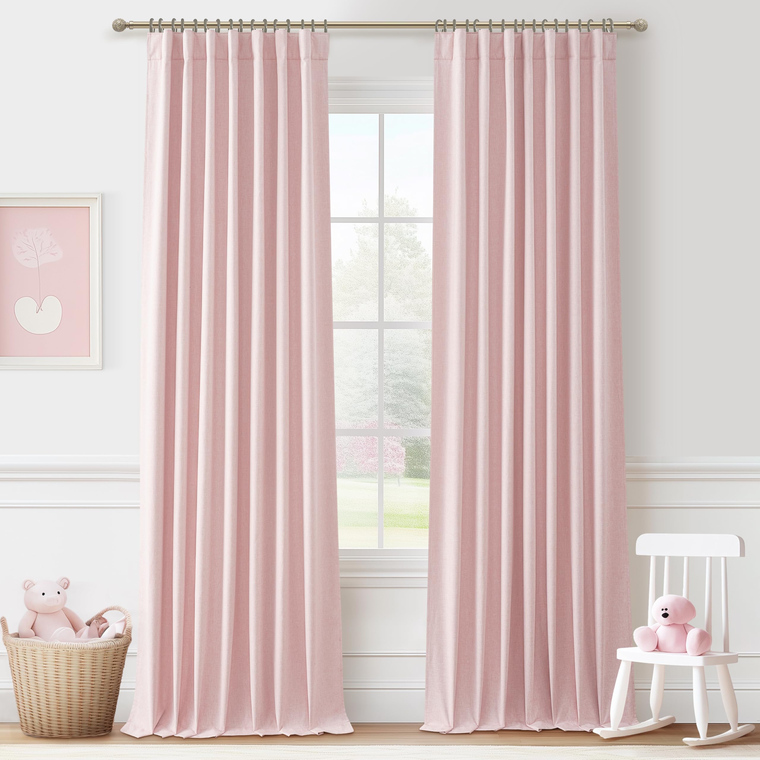 Cute Baby Pink Blackout Curtains 90 Inches Long for Girls Bedroom 2 Panels Set, Textured Linen Pleated Room Darkening Curtain Pr