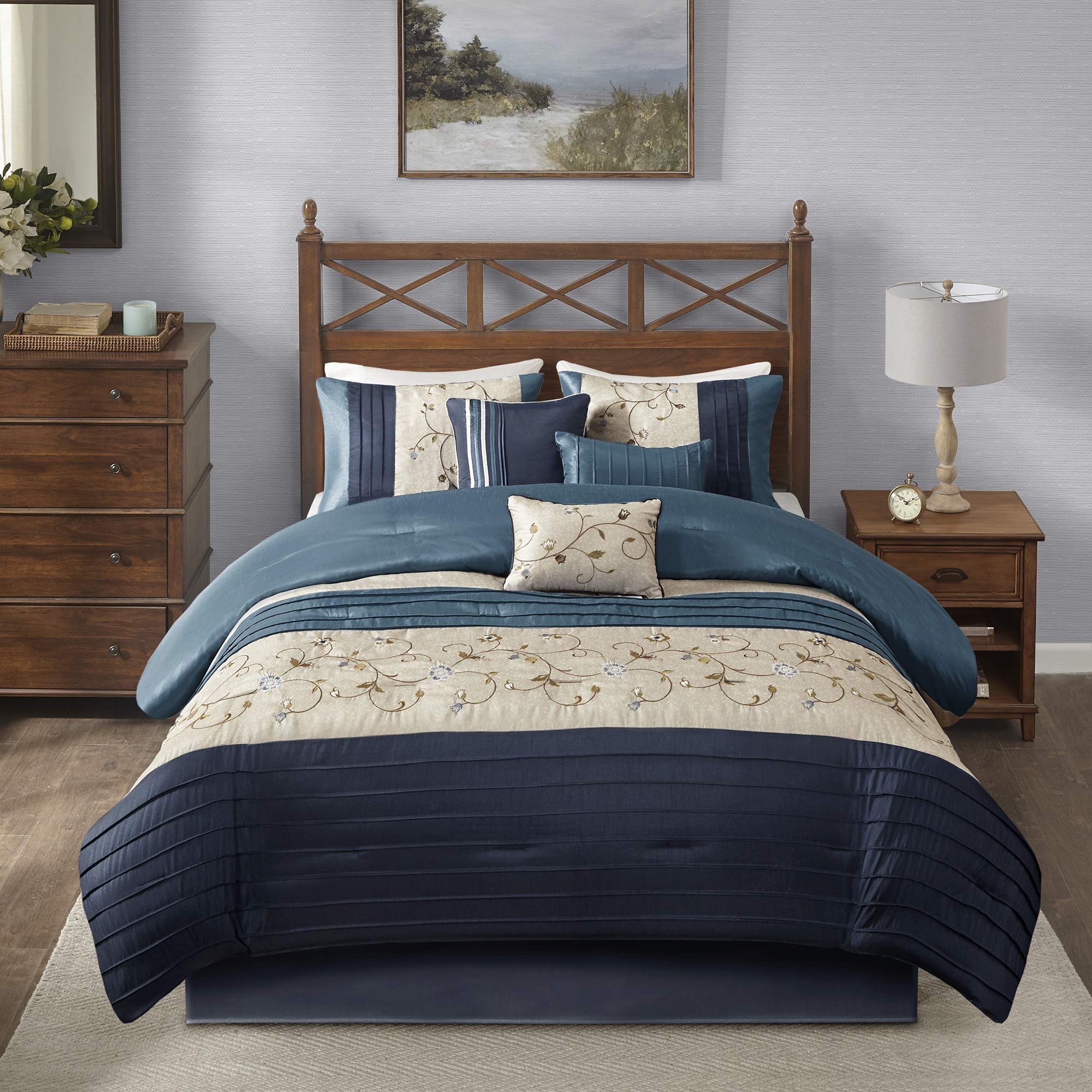 Madison Park Serene Faux Silk Comforter Set - Floral Embroidery Design, All Season Bedding Set, Matching Bed Skirt, Decorative Pillows, Navy Queen(90'X90') 7 Piece