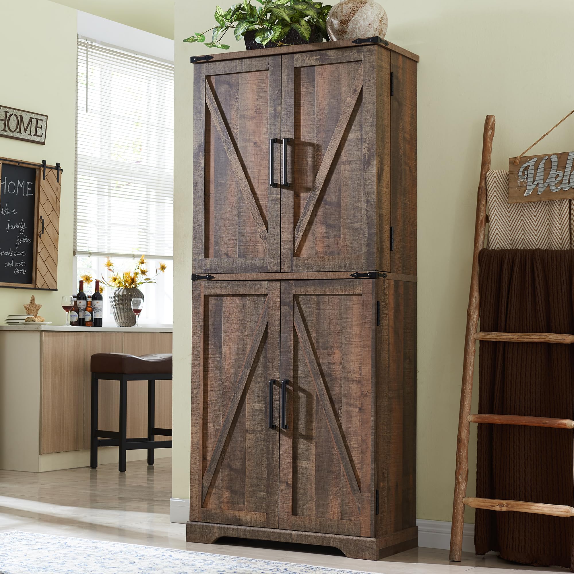 ACCOHOHO 72  Tall Kitchen Pantry, Farmhouse Storage Cabinet with Barn Doors, Organizer, Drawer and Adjustable Shelves, Rustic Wo