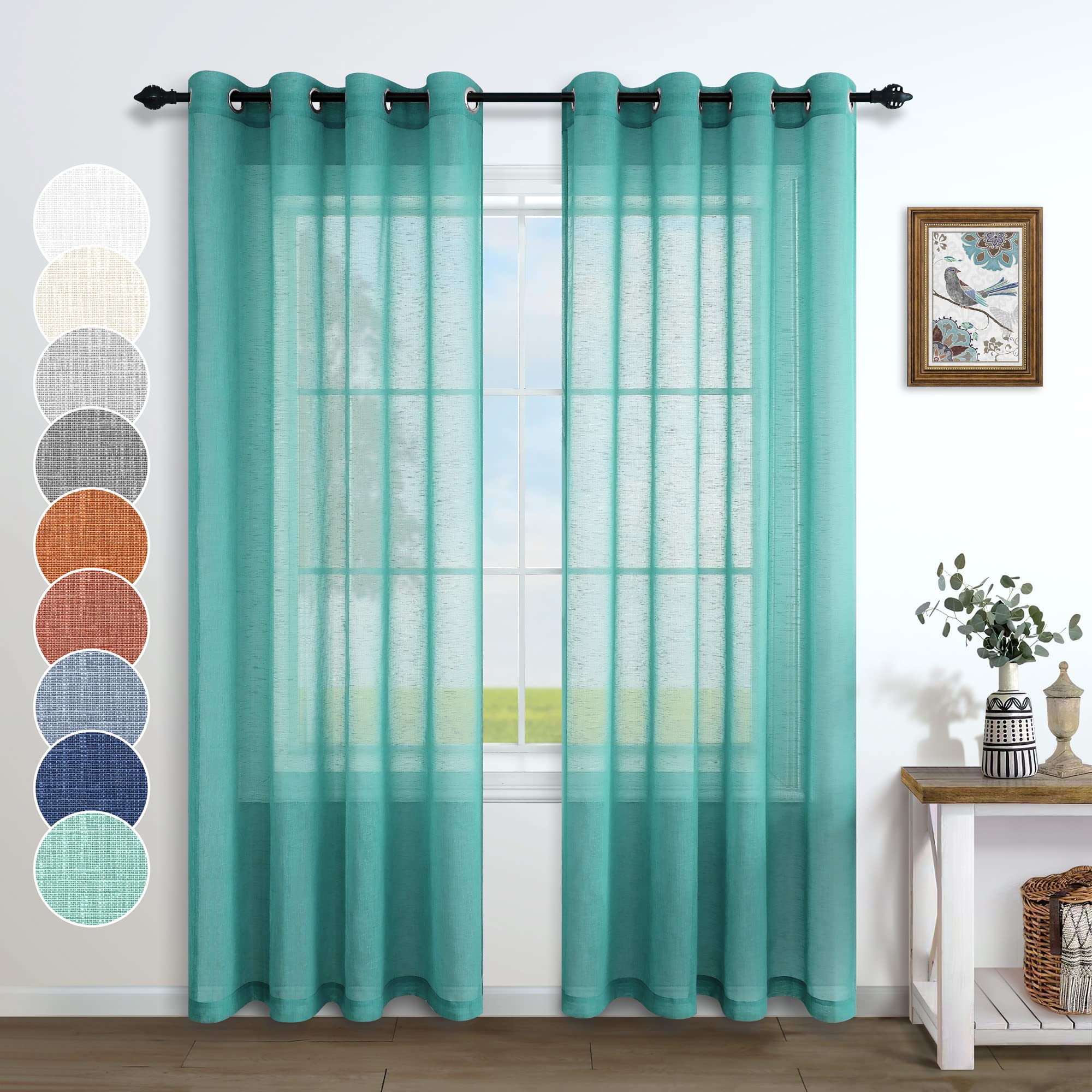 Pitalk Teal Grommet Sheer Linen Look Curtains 52X84 Length