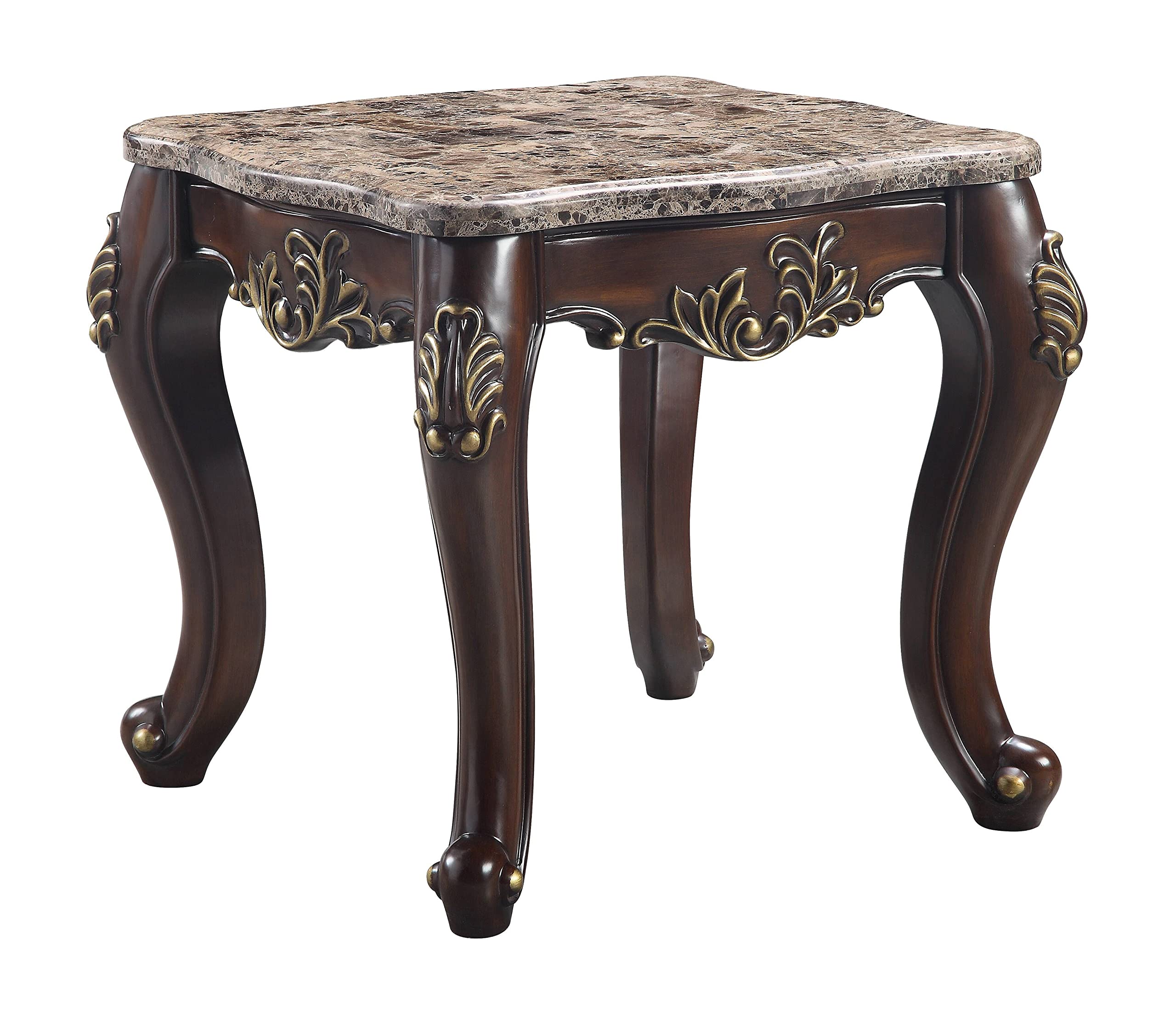 Acme Ragnar Wooden Square End Table in Brown Marble Top and Cherry