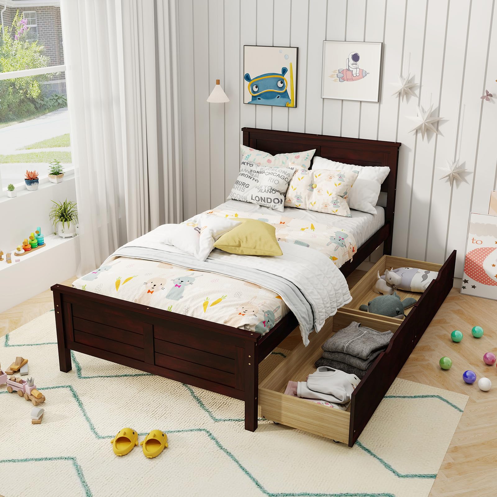 Komfott Twin Size Wood Bed Frame With 2 Storage Drawers, Mid Century Platform Bed Frame With Headboard, Sturdy Wooden Slats Support, Modern Mattress Foundation, No Box Spring Required, Easy Assembly