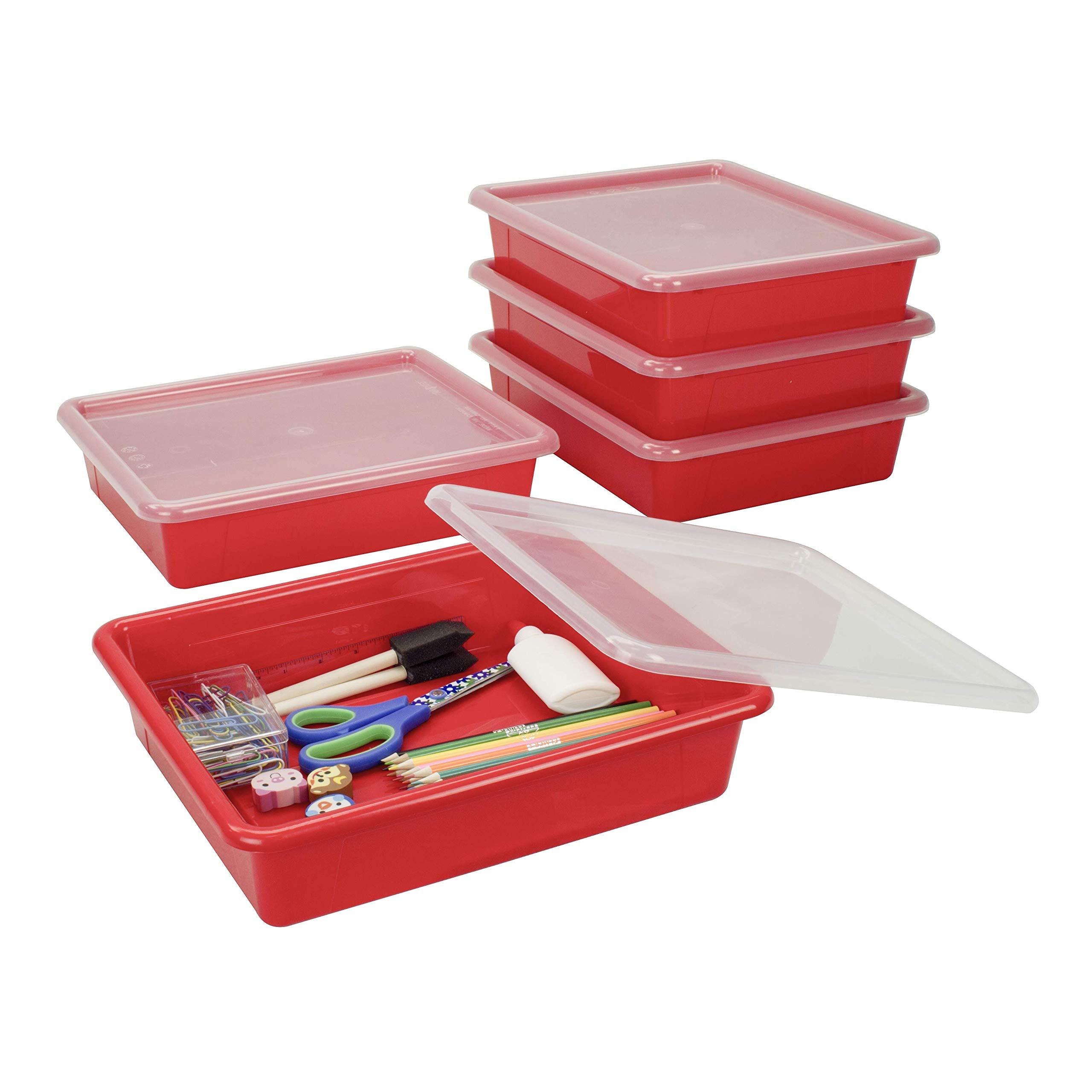 Storex Letter Size Flat Storage Tray - Organizer Bin With Non-Snap Lid For Classroom, Office And Home, Red, 5-Pack (62537U05C)