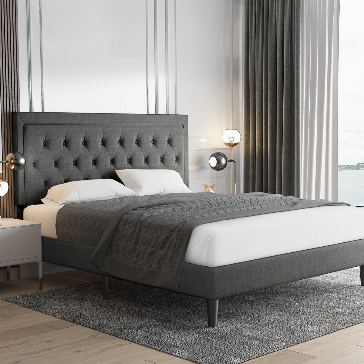Allewie Queen Size Button Tufted Platform Bed Frame/Fabric Upholstered Bed Frame With Adjustable Headboard/Wood Slat Support/Mattress Foundation/Dark Grey (Queen)