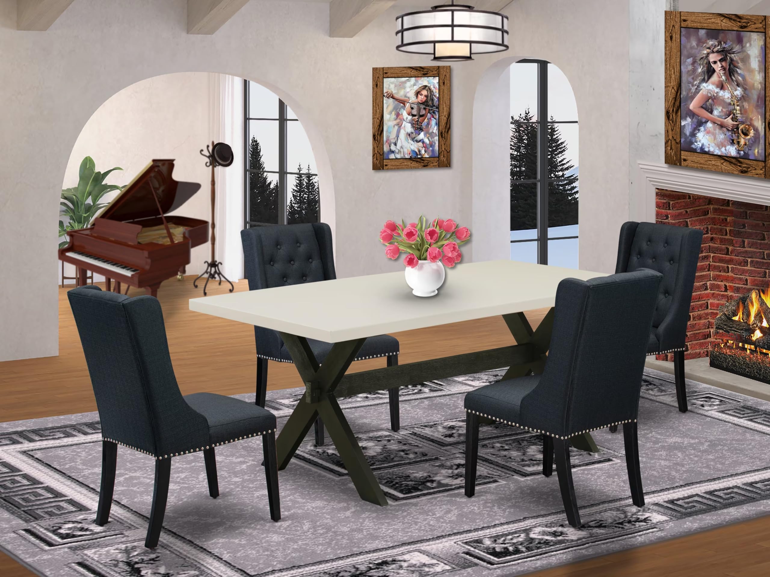 East West Furniture X627FO624-5 5 Piece Kitchen Table Set for 4 Includes a Rectangle Dining Room Table with X-Legs and 4 Black Linen Fabric Parson Dining Chairs, 40x72 Inch, Multi-Color