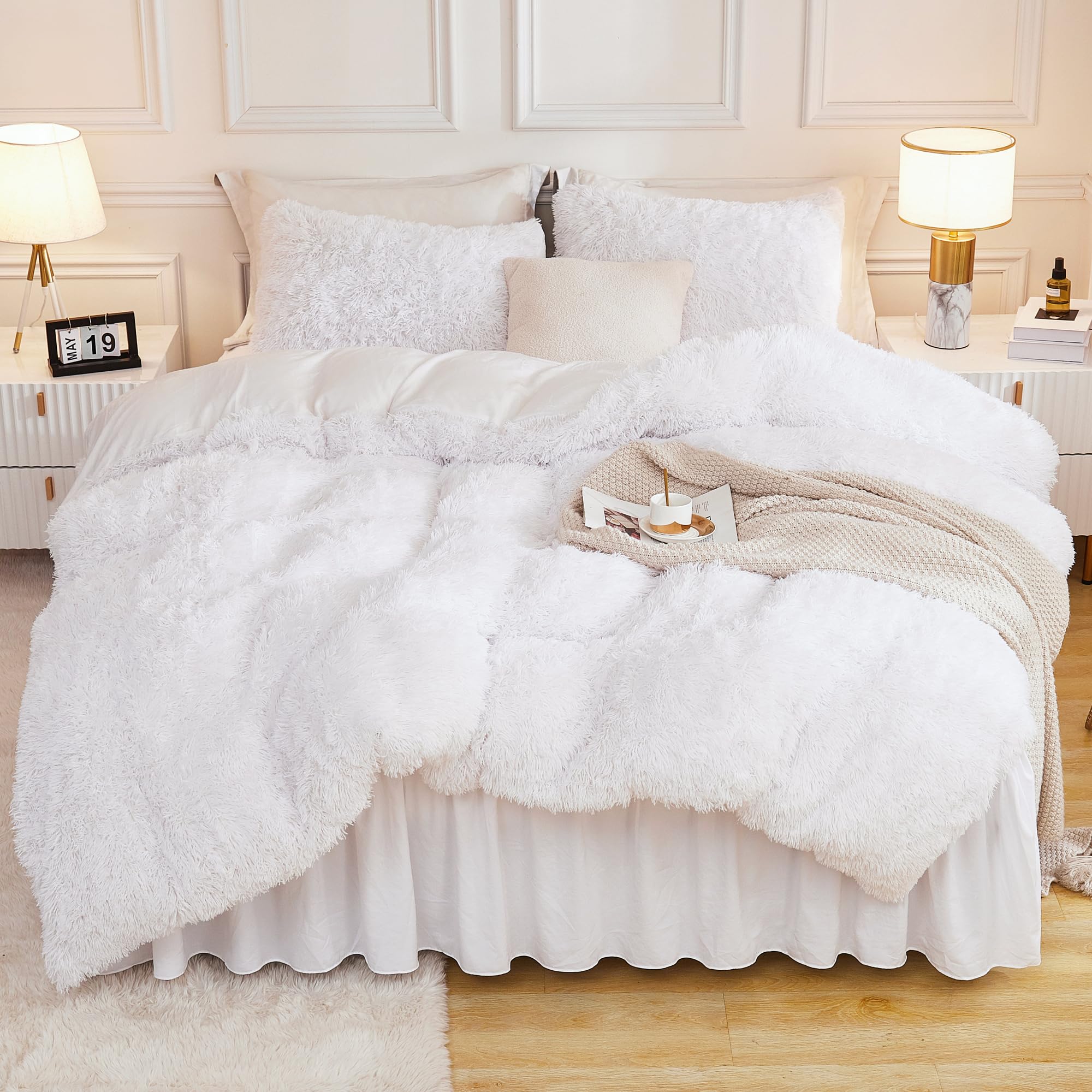 Andency Faux Fur White Comforter Full Size, 3 Pieces Fluffy Fuzzy Plush Bedding Comforter Set (1 Shaggy Velvet Comforter & 2 Pil