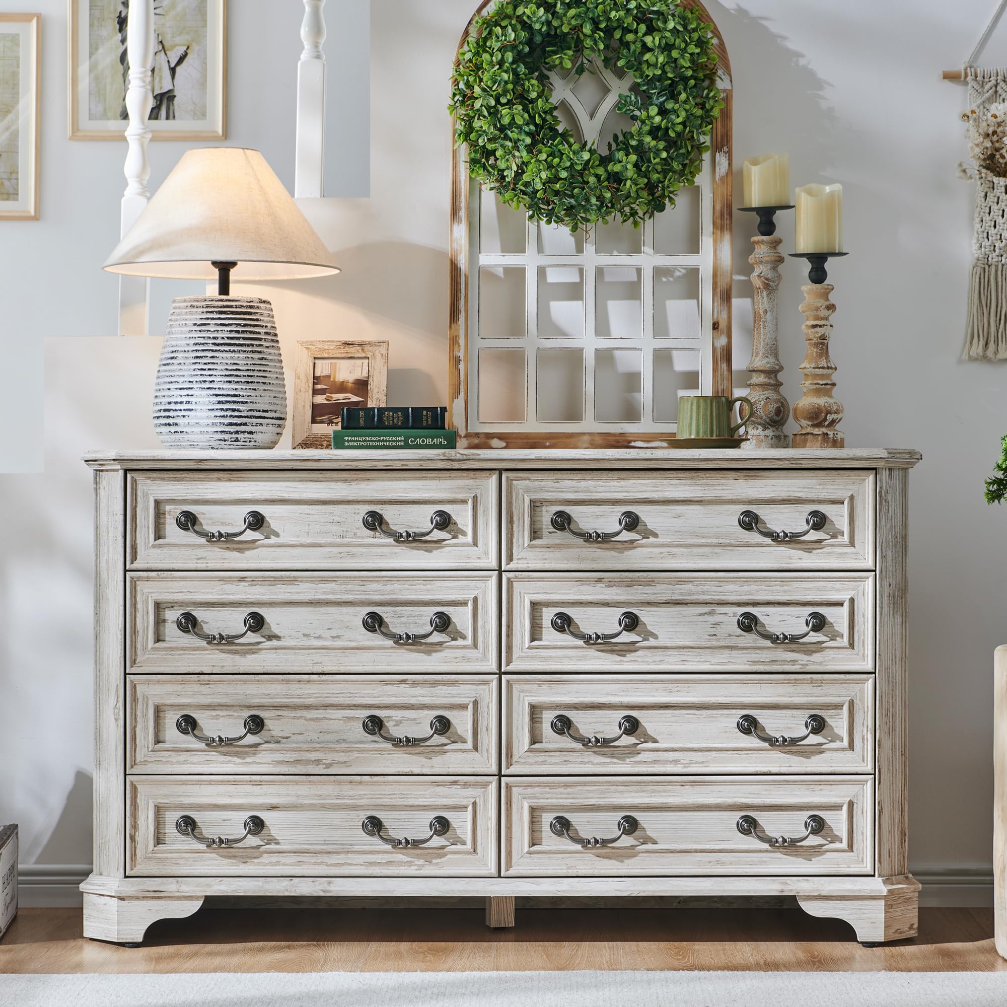 T4TREAM Farmhouse 8 Drawers Dresser for Bedroom, 54 Wide Wood Rustic Chest of Drawers with Natural Texture, Vintage Design, Stor