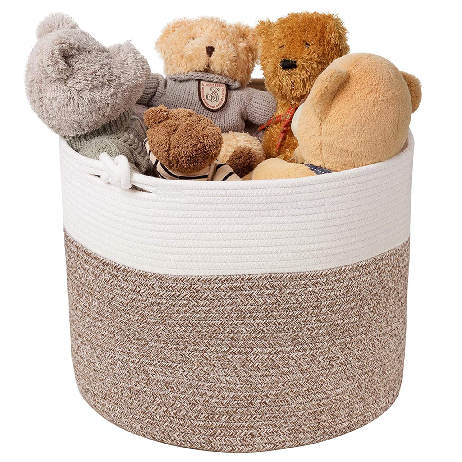 Goodpick Cotton Rope Basket With Handle For Baby Laundry Basket Toy Storage Blanket Storage Nursery Basket Soft Storage Bins-Woven Basket, 15'' × 15'' × 14.2'', White & Brown