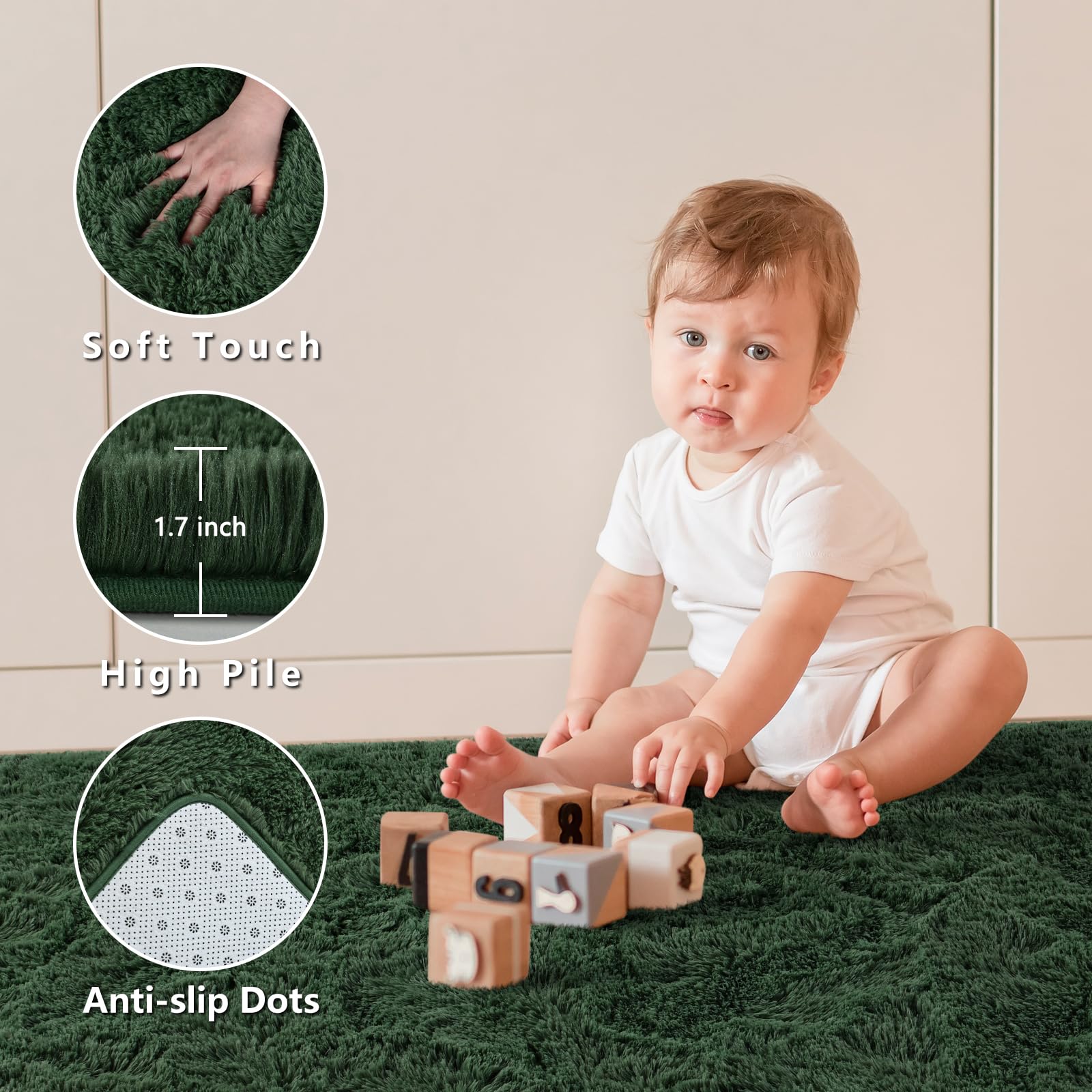 Larhom Large Fluffy Area Rugs For Living Room Bedroom, 6X9 Dark Green Ultra Soft Plush Fuzzy Rug, Anti-Skid Indoor Carpet Nurser