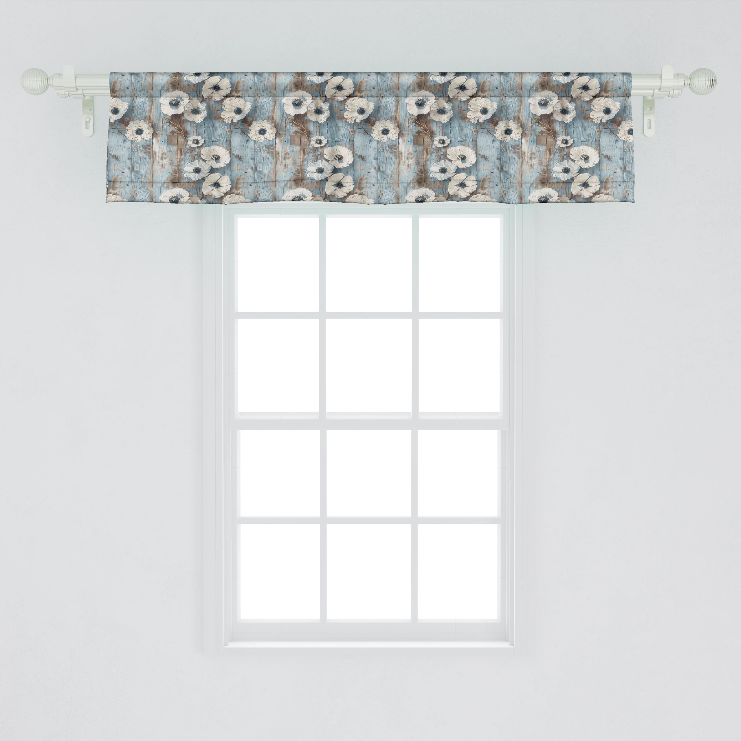 Ambesonne Poppy Window Valance Pack Of 2, Vintage Farmhouse Concept Beige Tone Petals Floral On Rustic Backdrop, Rod Pocket Curtain Valances For Kitchen Bedroom, 54' X 12', Coconut Pale Blue And Dusk