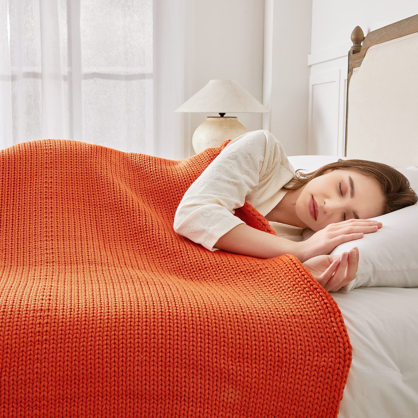 Guohaoi Knitted Weighted Blanket(Orange 50''X60'' 5Lbs),Home D  Cor Cooling Throw Blanket For Hot Sleepers,Hand Made Chunky Knit