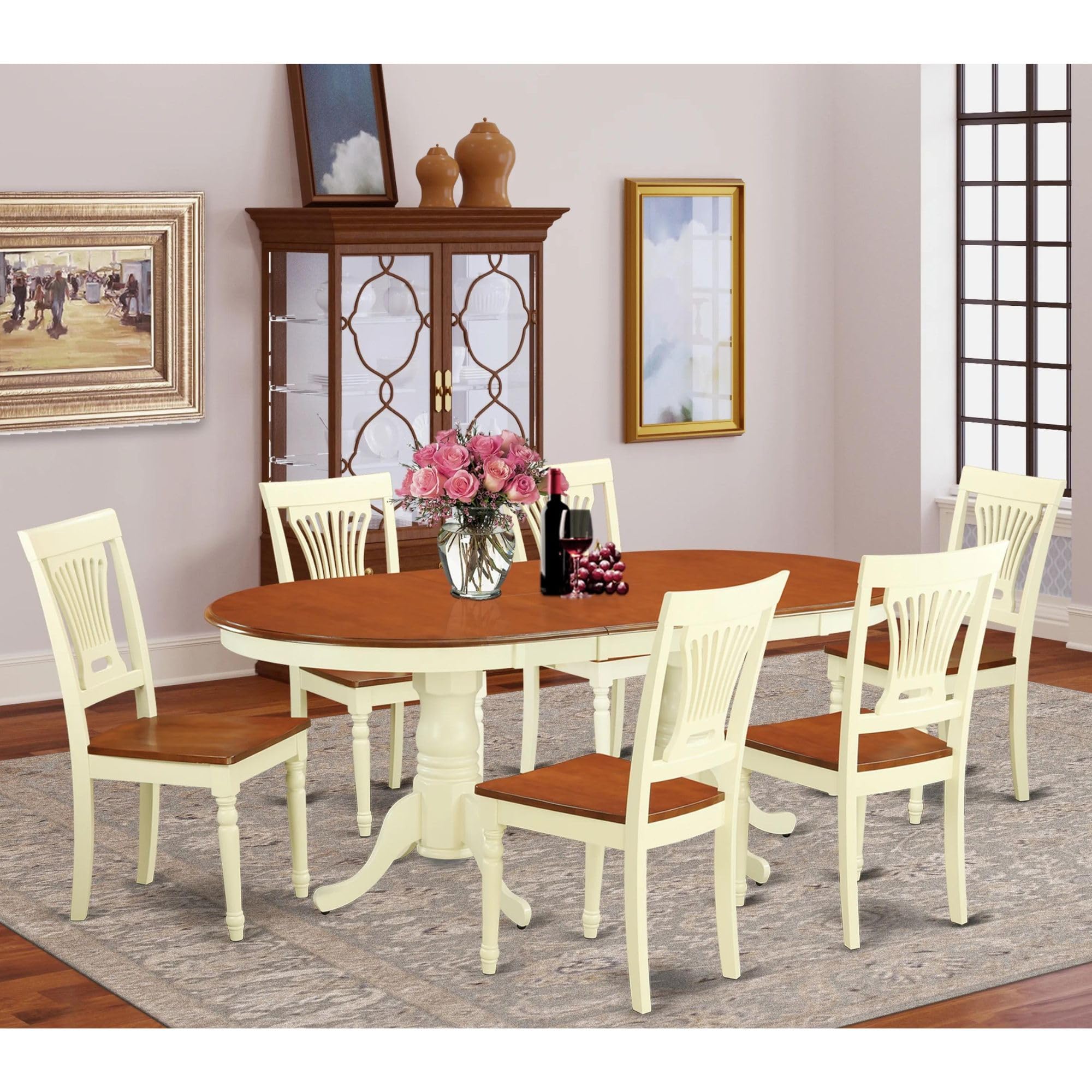 East West Furniture PLAI7-WHI-W 7 Piece Modern Dining Table Set Consist of an Oval Wooden Table with Butterfly Leaf and 6 Dining Room Chairs, 42x78 Inch, Buttermilk & Cherry