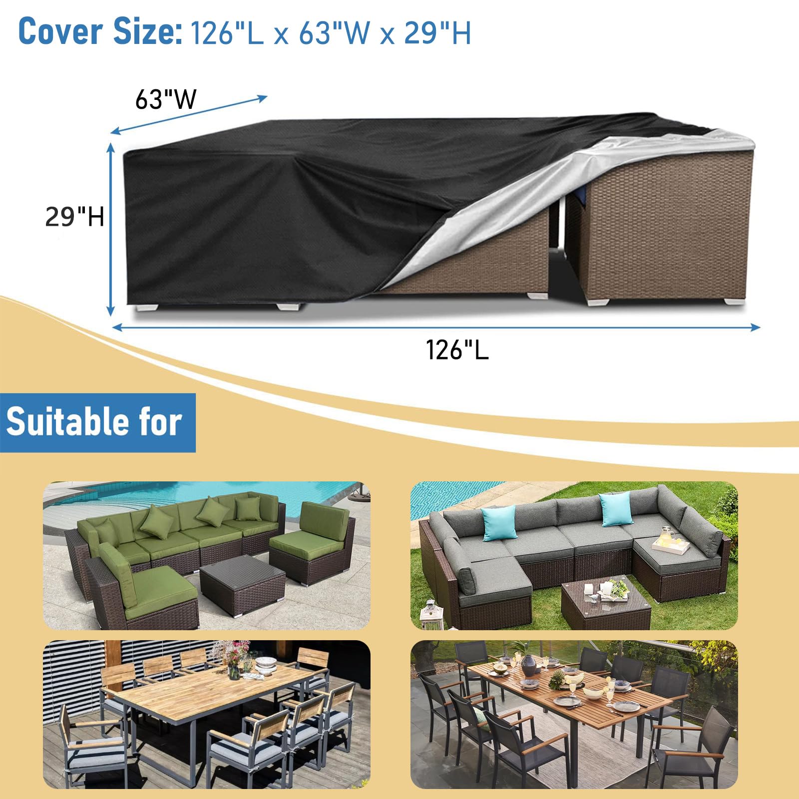Akefit 2 Years Lifespan Patio Furniture Set Covers Size 126'X63'X29',500D Extra Heavy Duty Outdoor Furniture Cover, Waterproof Extra Large Outdoor Sectional Cover,Square And Retangle Patio Table Cover