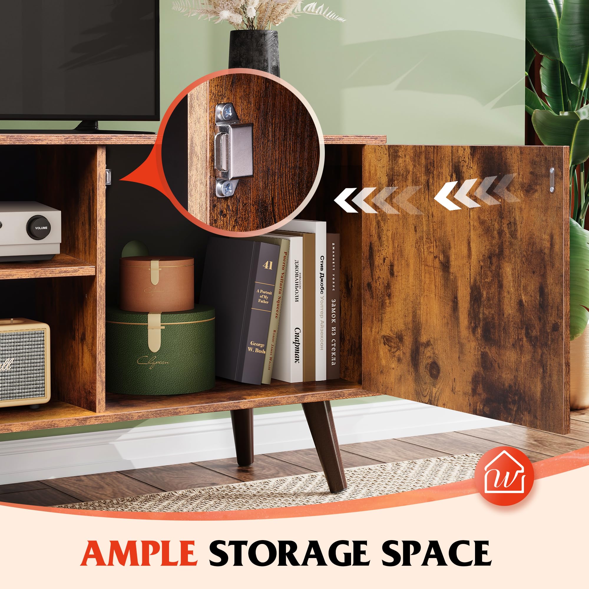 Wlive Tv Stand For 55 Inch Tvs, Entertainment Center With Storage Cabinet, Mid-Century Tv Stands For Living Room And Bedroom, 50' Tv Console, Brown