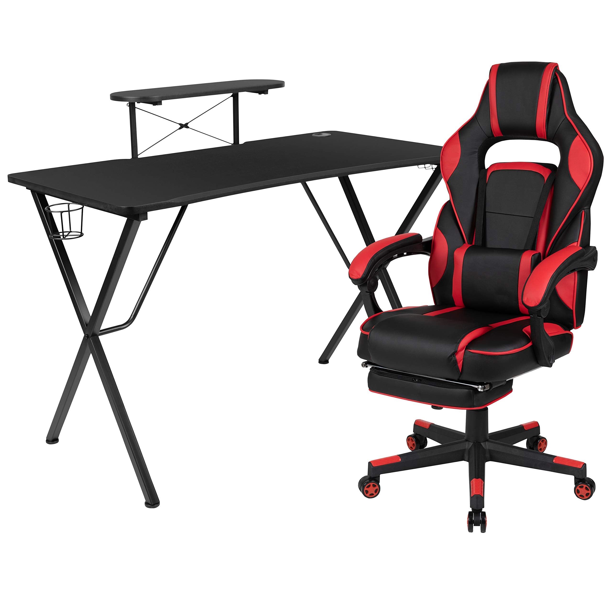 Flash Furniture Optis Black Gaming Desk With Cup Holder/Headphone Hook/Monitor Stand & Red Reclining Back/Arms Gaming Chair With Footrest