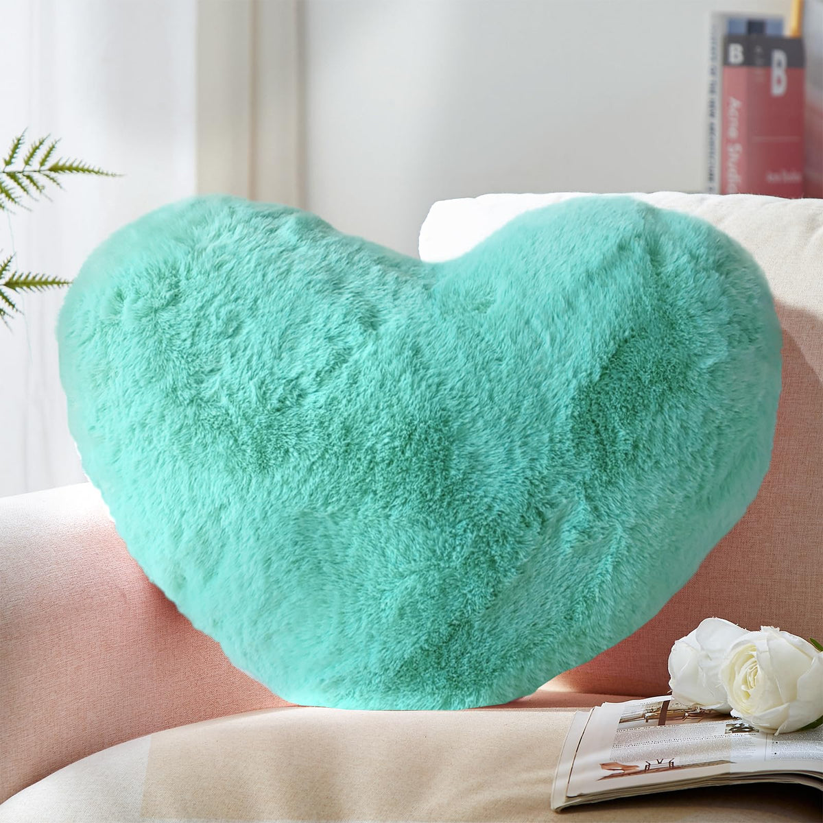 YRXRUS Heart Shaped Pillow, Cute Love Heart Pillow, Small Green Heart Pillows Gifts, Faux Rabbit Fur Love Coquette Room Decor, T
