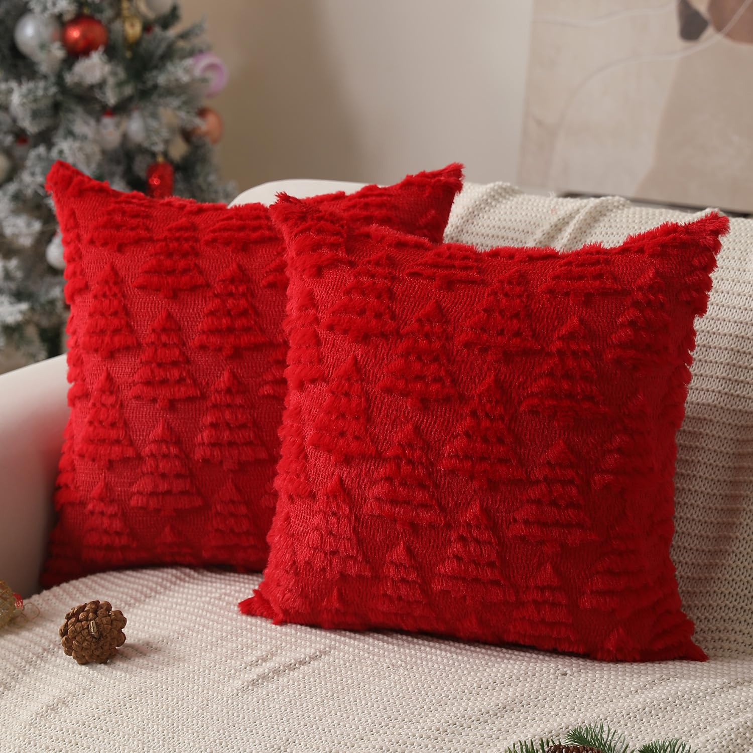 Allorry Christmas Pillow Covers 18 X 18 Set Of 2 Christmas Decoration Red Christmas Tree Pillow Cases Plush Faux Fur Soft Cushio