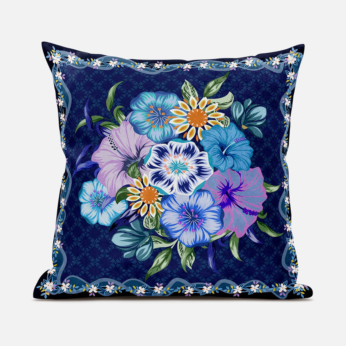 HomeRoots 26x26 Indigo Yellow DarkBlue Blown Seam Broadcloth Floral Throw Pillow