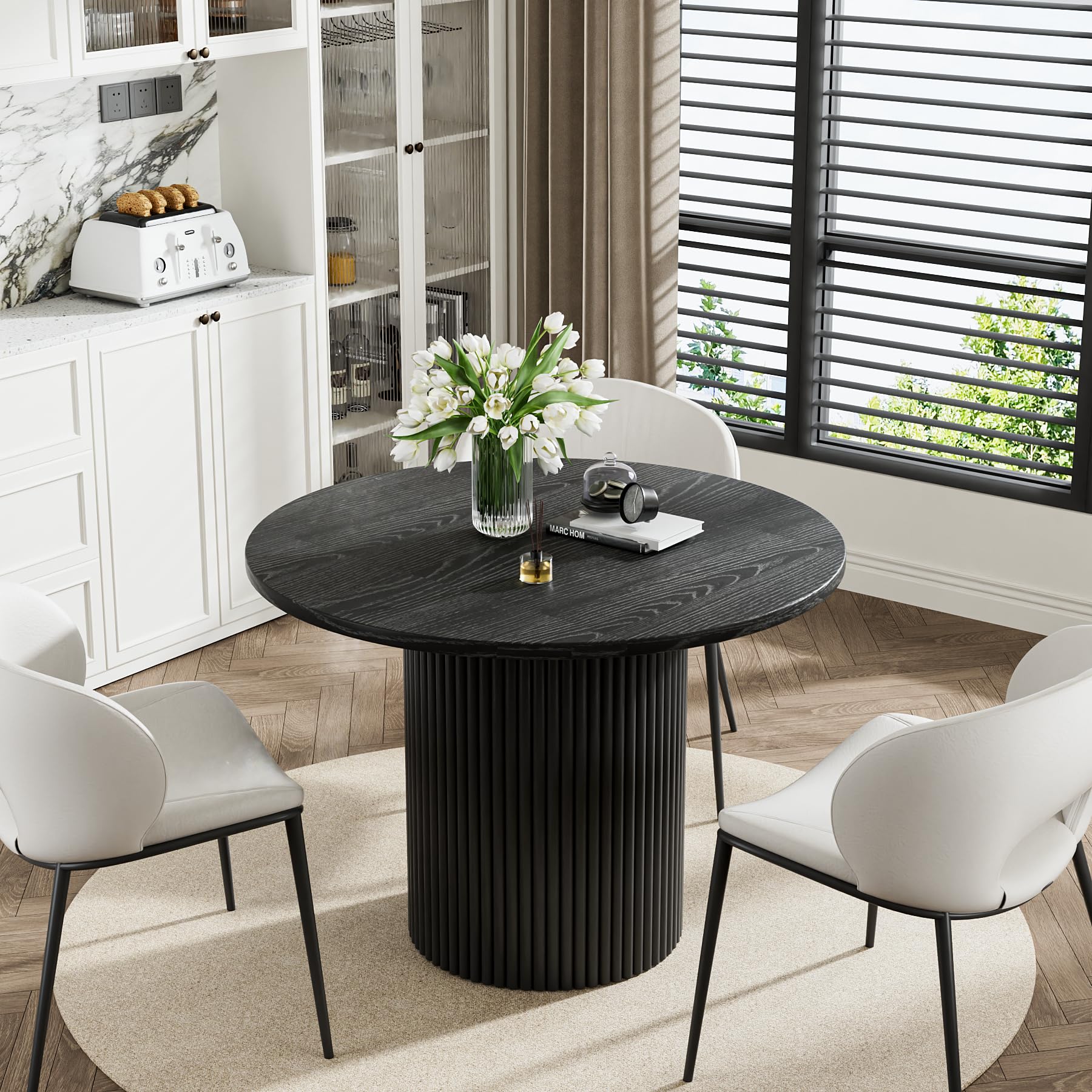 41.7' Wood Round Dining Table Fluted Pedestal Kitchen Table Modern Circle Tables Circular Mdf Finish For 4-6 People, F41.7' X