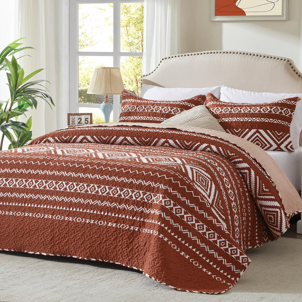 Leaonme 3 Pieces King Size Burnt Orange Rust Quilt Set With Checkered Pattern Lightweight Oversized Bedspread 98'X106' Soft Co