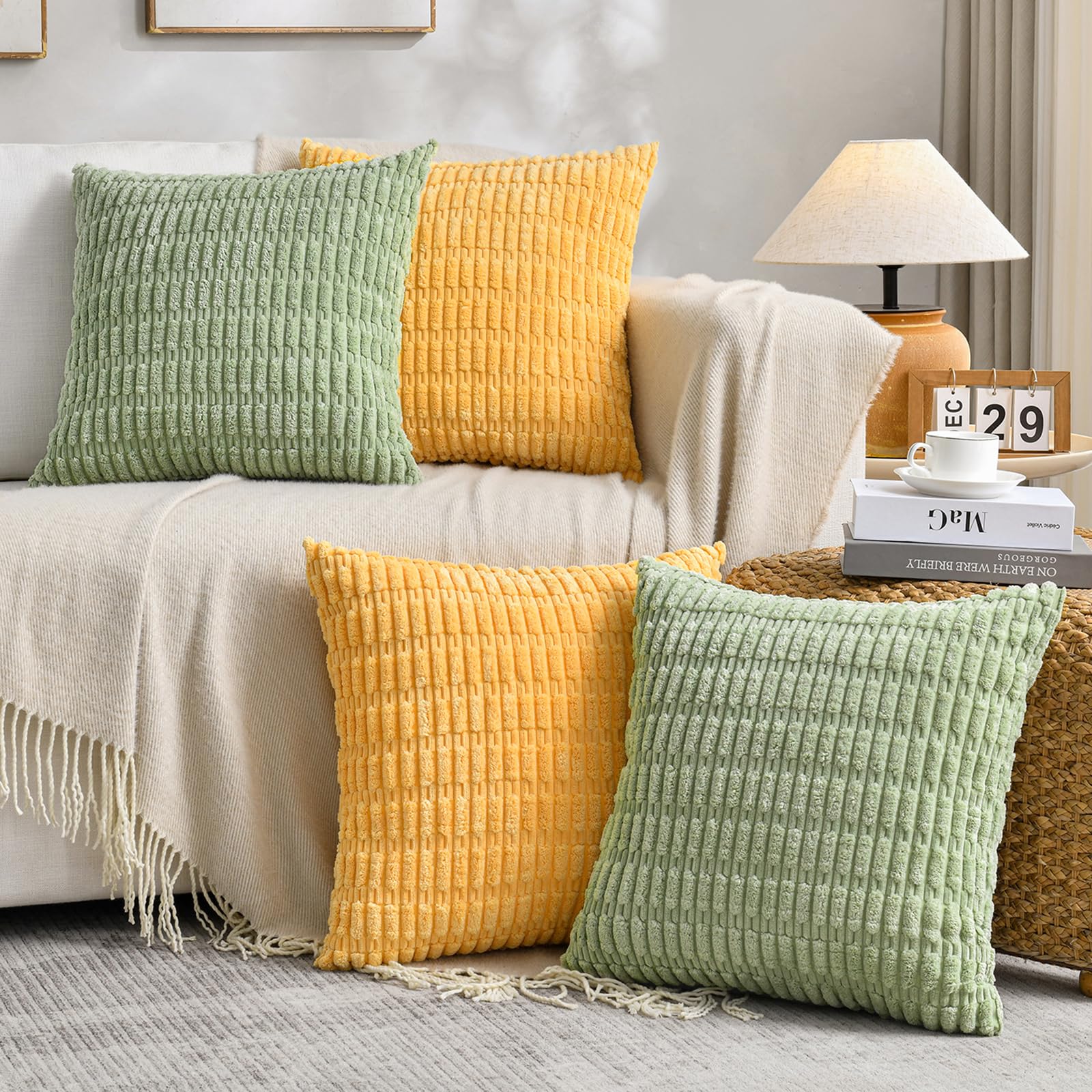 Fancy Homi Set Of 4 Spring Boho Decorative Throw Pillow Covers 22X22 Inch For Couch Bed Sofa, Sage Green Yellow Room Decor, Soft