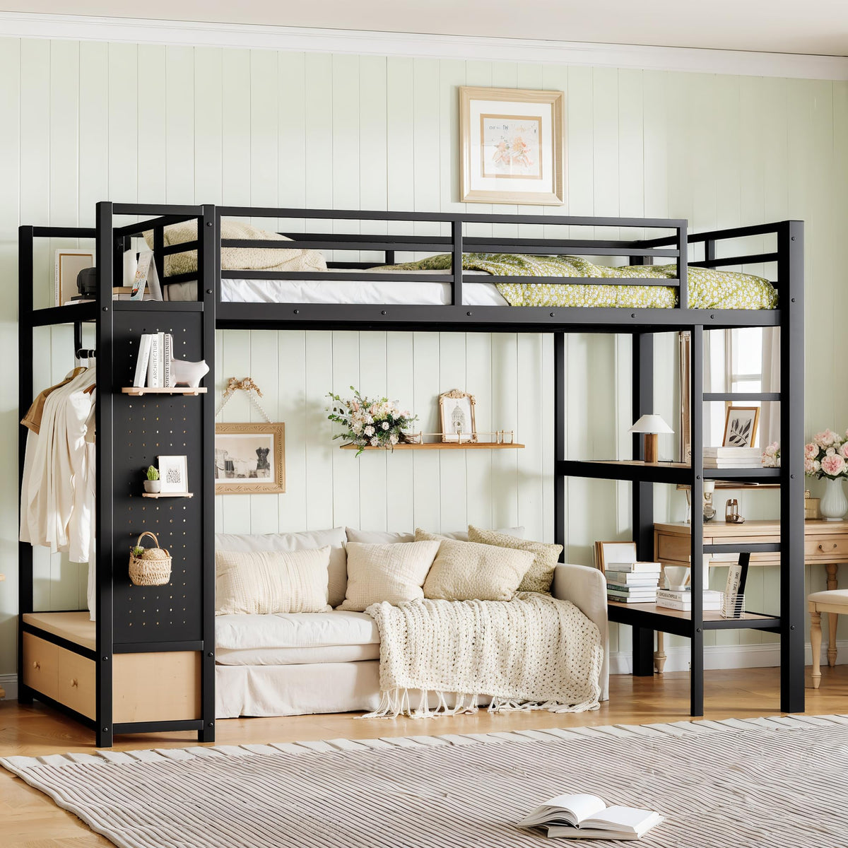 KEIKI Twin XL Size Loft Bed with with Wardrobe,Heavy Duty Metal Bedframe with Safety Guardrails, Storage Shelves and Pegboard fo