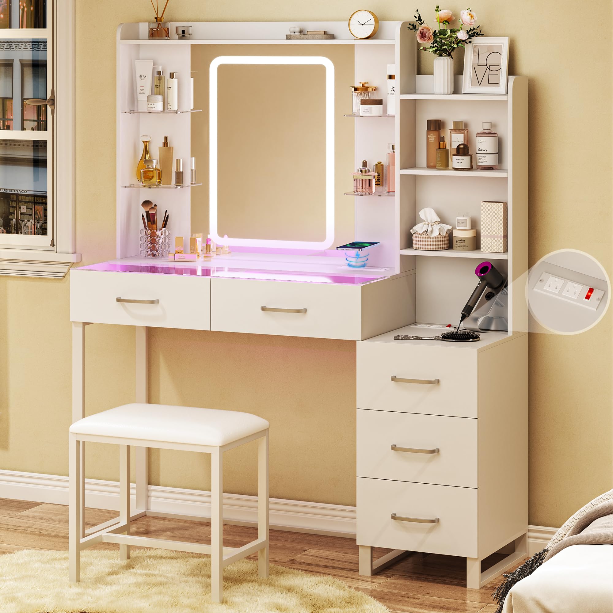 Vanity Desk with Mirror and Lights, 50 Makeup Vanity with Glass Top & Power Outlet, White Vanity with 11 Drawers & 8 Hidden Stor
