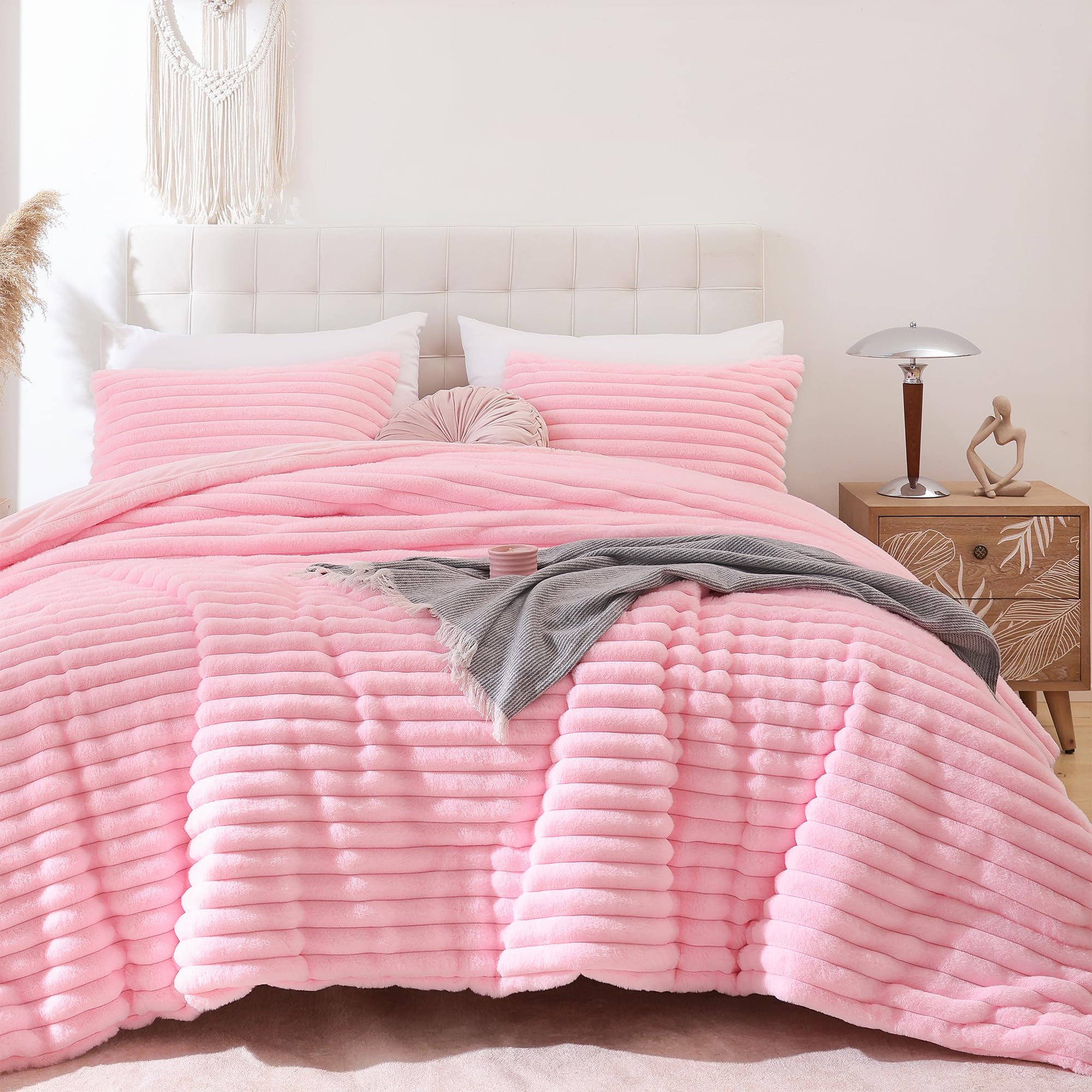 Smoofy Fluffy King Size Comforter Set 3 Pieces - Pink Fleece Fluffy Comforter King Size, Luxury Fuzzy King Bedding Set, Soft &Wa