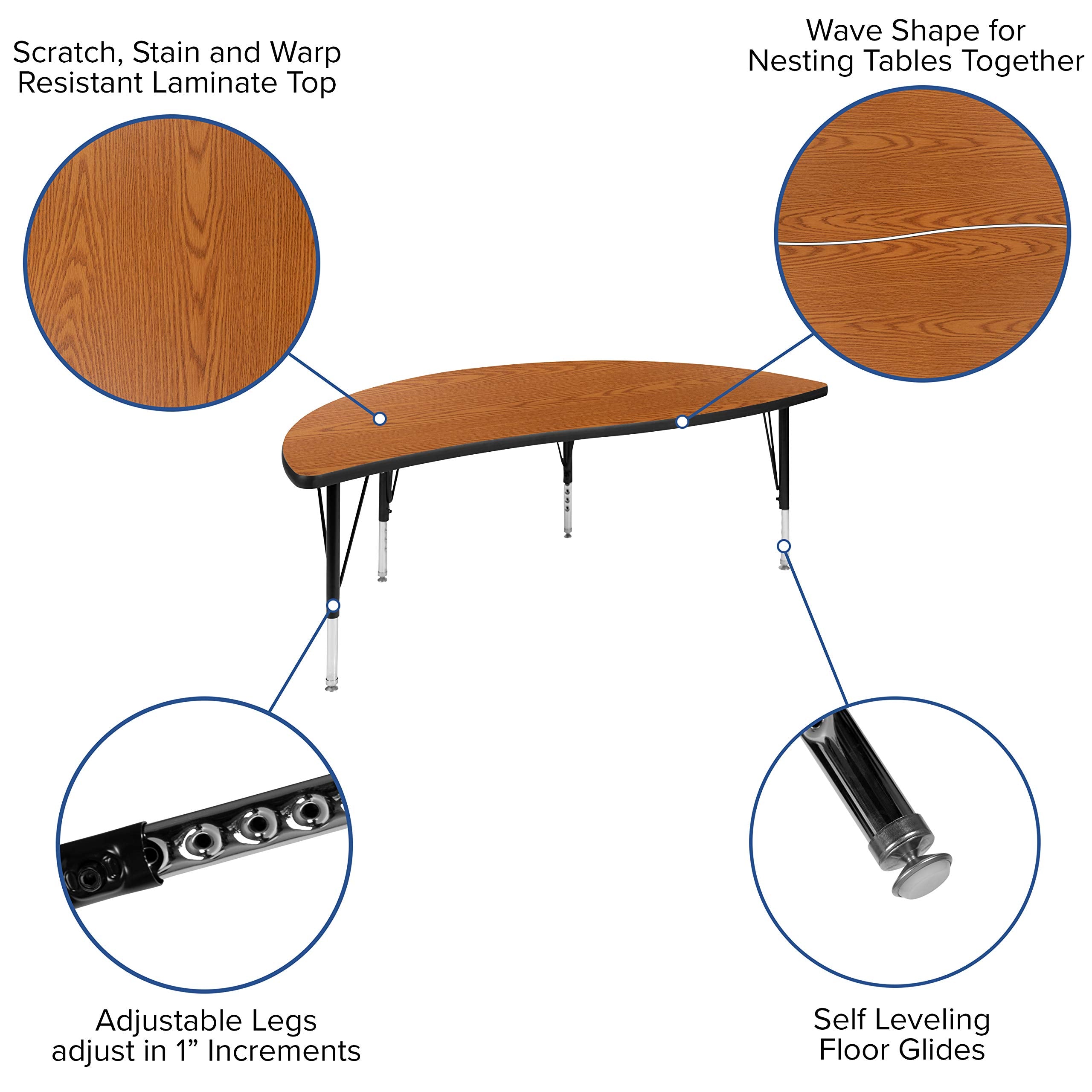 Flash Furniture Emmy 2 Piece 86" Oval Wave Flexible Oak Thermal Laminate Activity Table Set - Height Adjustable Short Legs