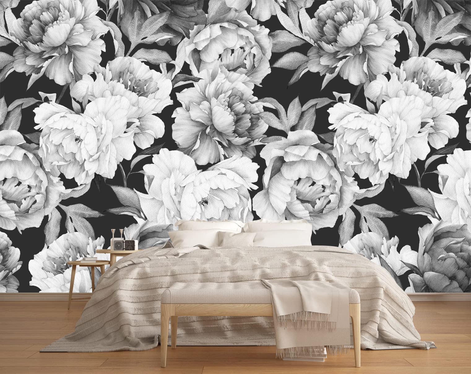 MFWFM Black and White Peonies Wallpaper Watercolor Floral Mural Wallpaper for Bedroom Living Room (Not Peel n Stick)