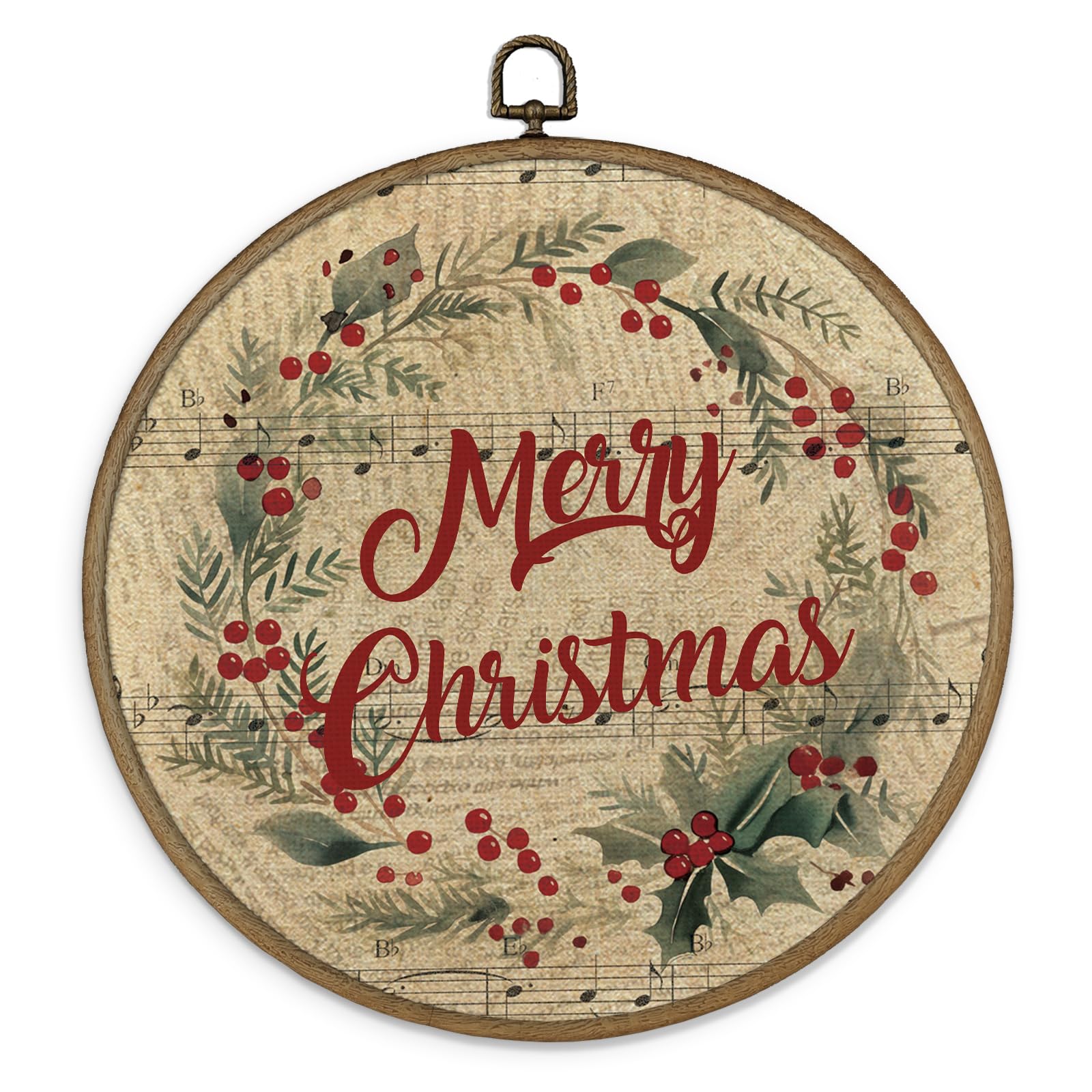 MAQIKA Vintage Christmas Wreath Framed Wall Art Decor, Christmas Wall Art, Retro Christmas Round Wall Hanging Decor, Xmas Sheet 