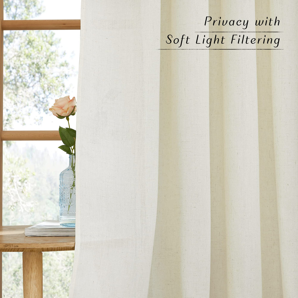 Nicetown Thick Linen Curtains Extra Long 120 Inch Length, Rustic Grommet Privacy Added Vertical Flax Semi Sheer Panels For Farmhouse/Living Room, Off White, W55 X L120, 2 Panels