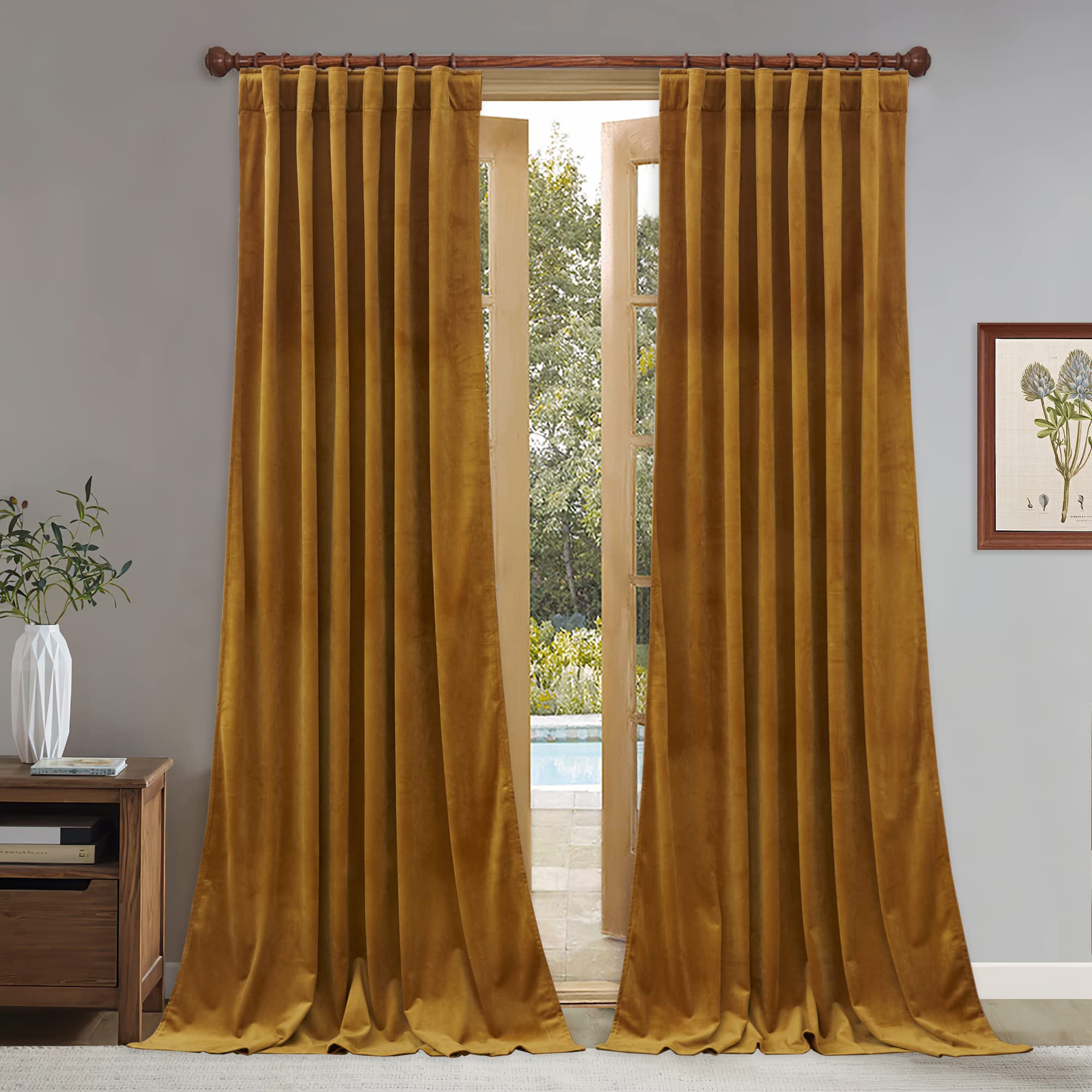 Stangh Velvet Curtains Mustard Gold - 96 Inches Living Room Back Tab Window Curtains Super Soft Vintage Decor Drapes Light Block
